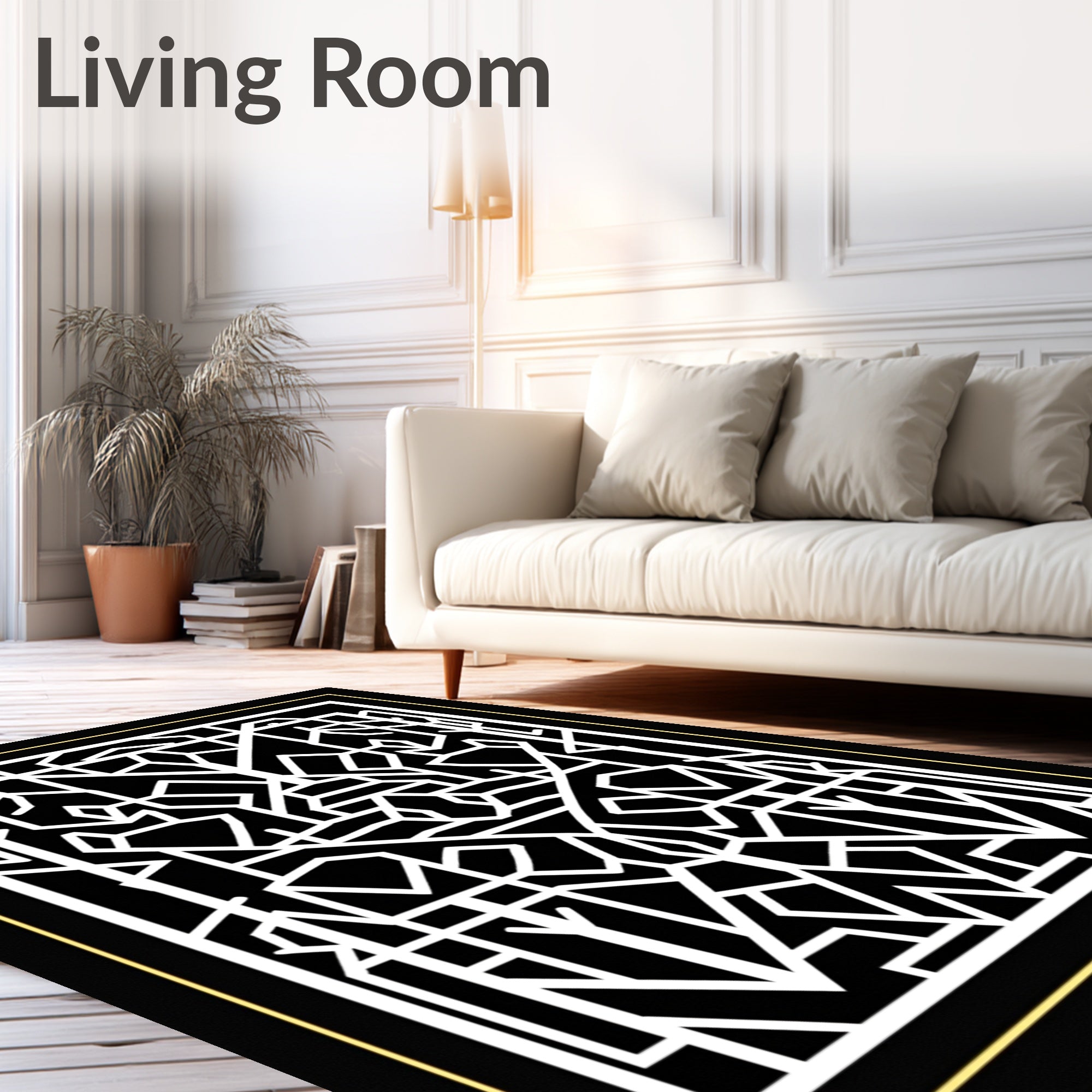 Bold White Geometric Lines Design Rug