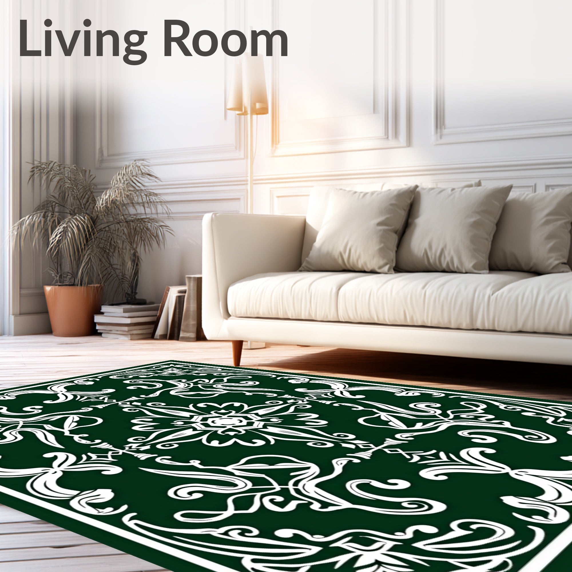 Classic Scrollwork Dark Green White Pattern Rug