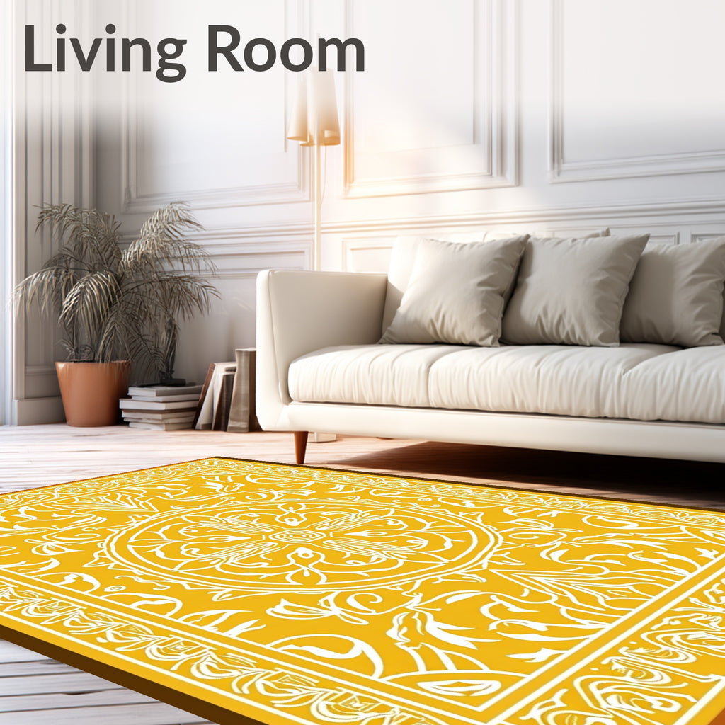 Ornate Yellow White Mandala Pattern Rug