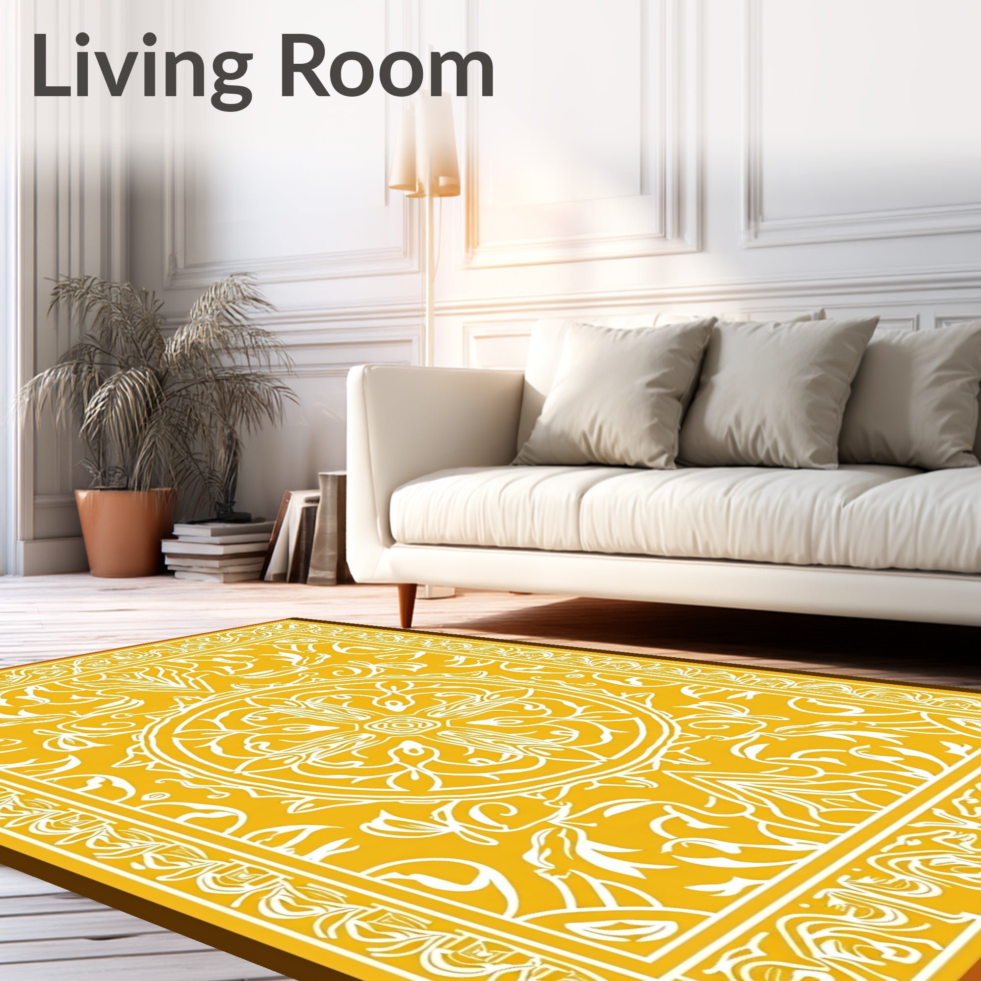Ornate Yellow White Mandala Pattern Rug