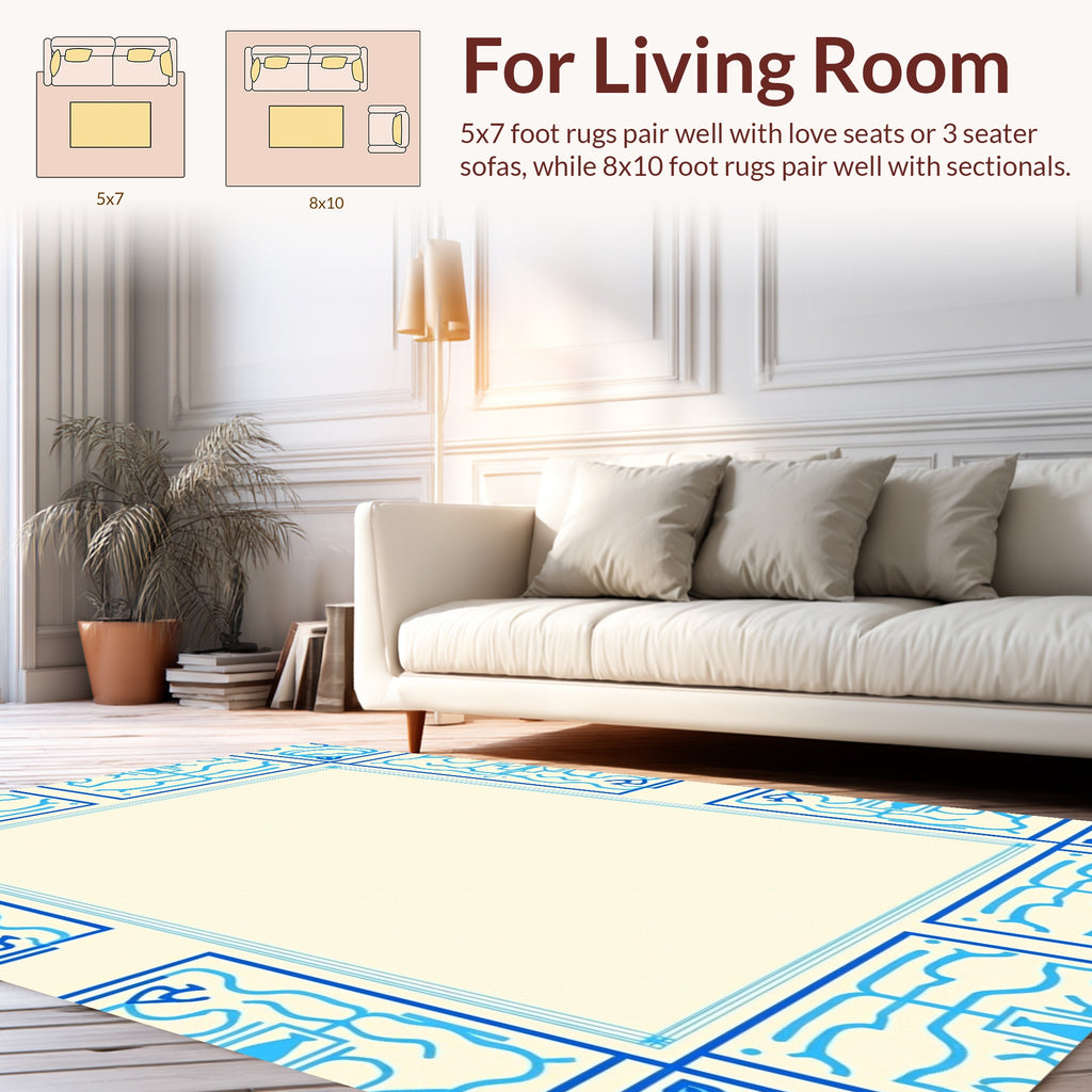 Blue Abstract Bordered Textile Design Rug