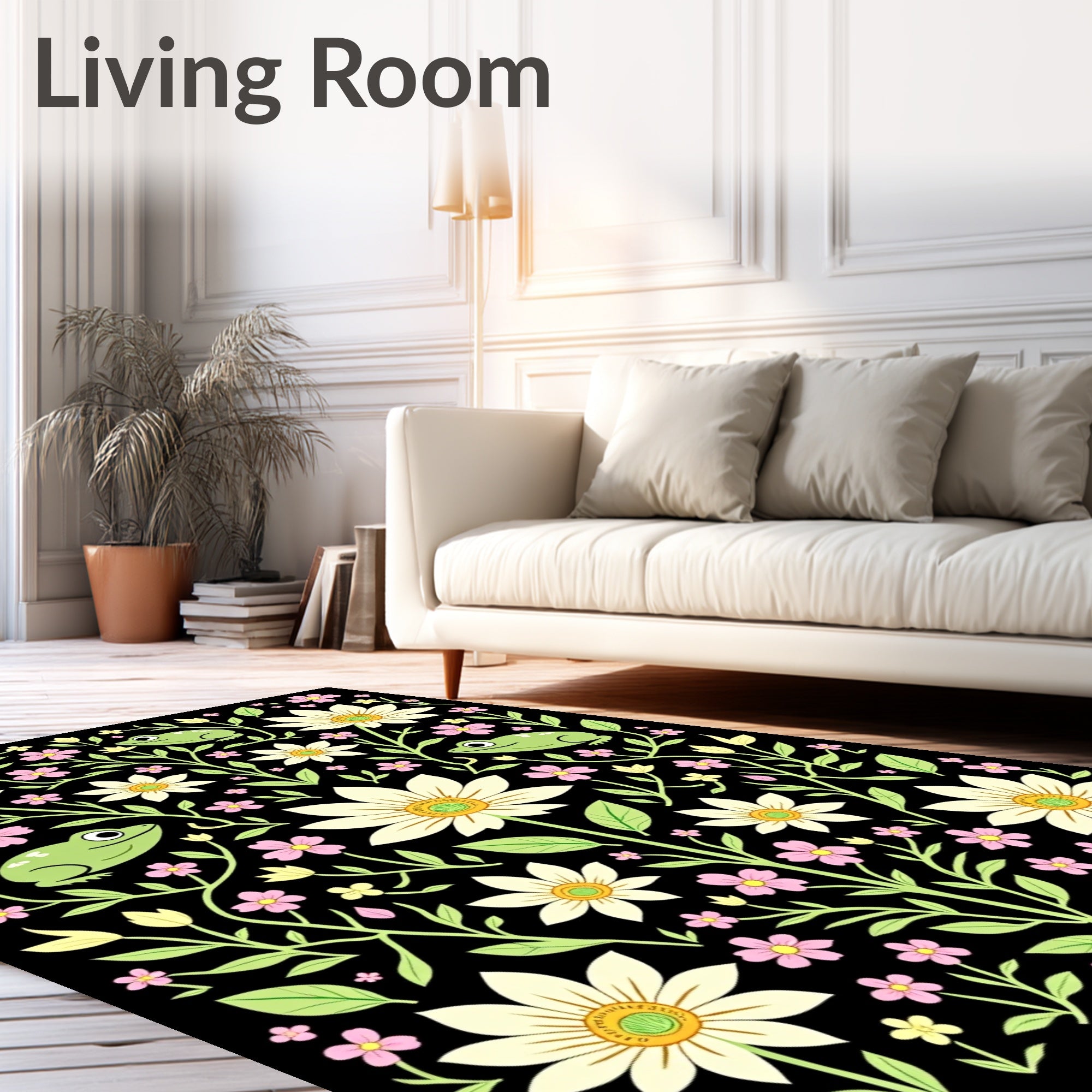 Whimsical Green Frog Floral Garden Rug