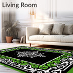 Black Green White Intricate Floral Pattern Rug