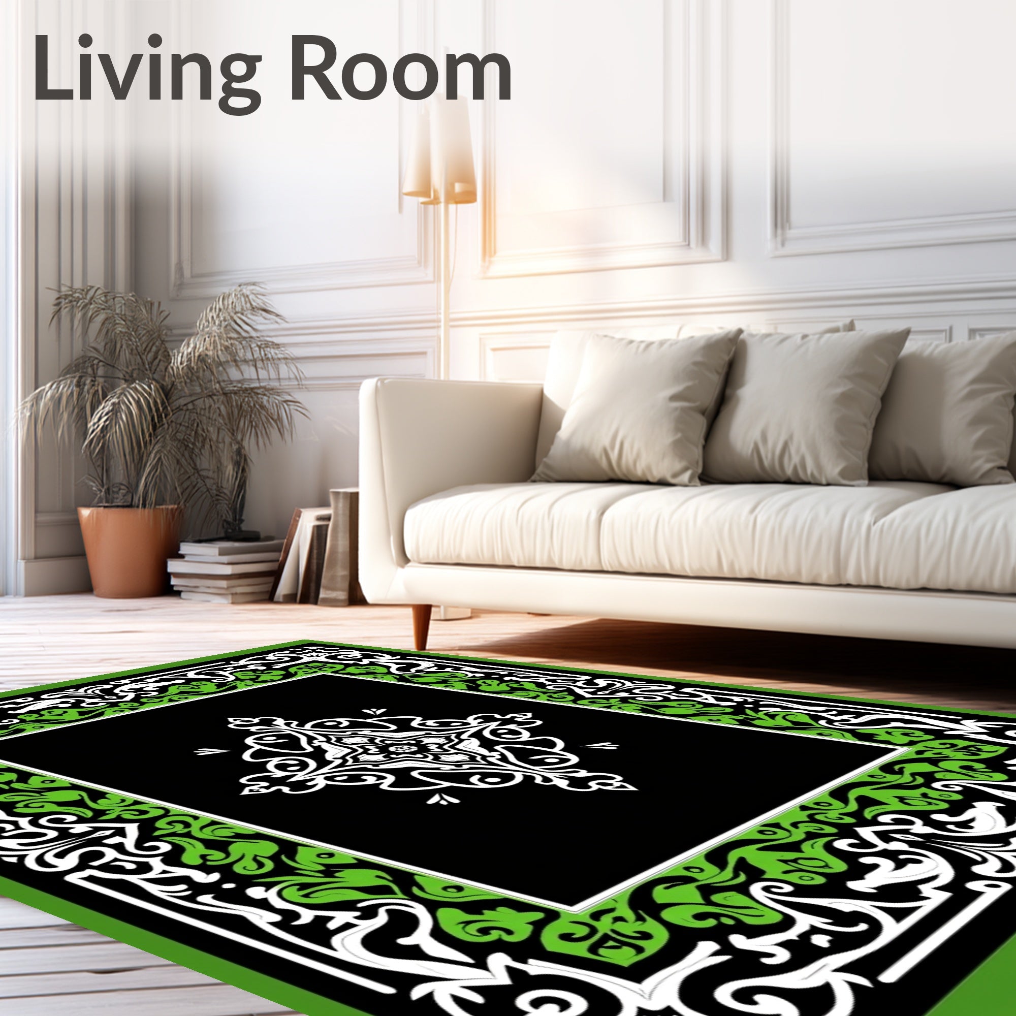 Black Green White Intricate Floral Pattern Rug