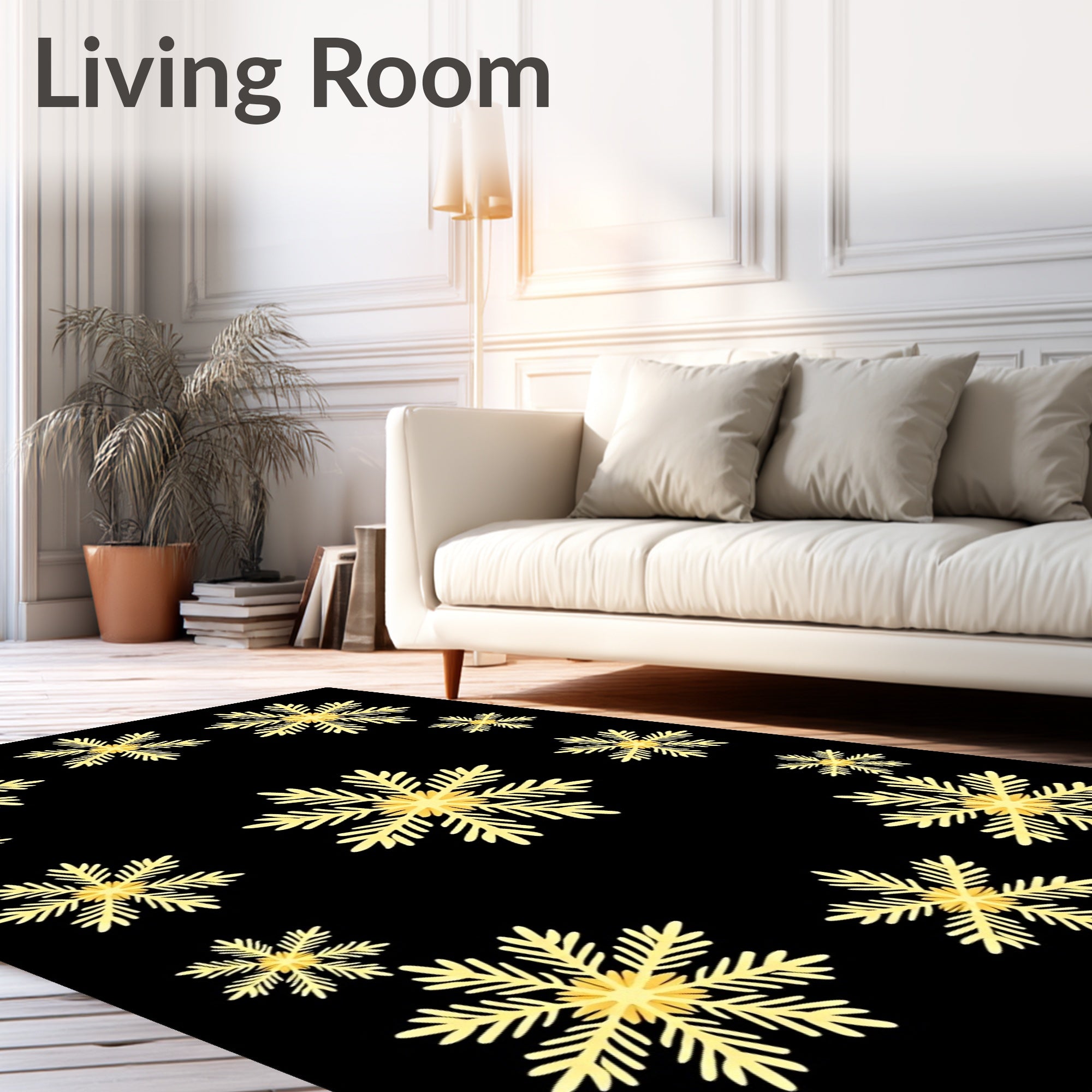 Golden Snowflake Array Black Rug