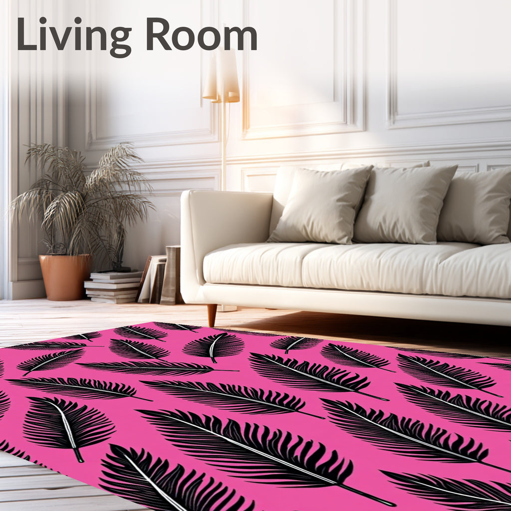Black Feather Patterned Pink Rug