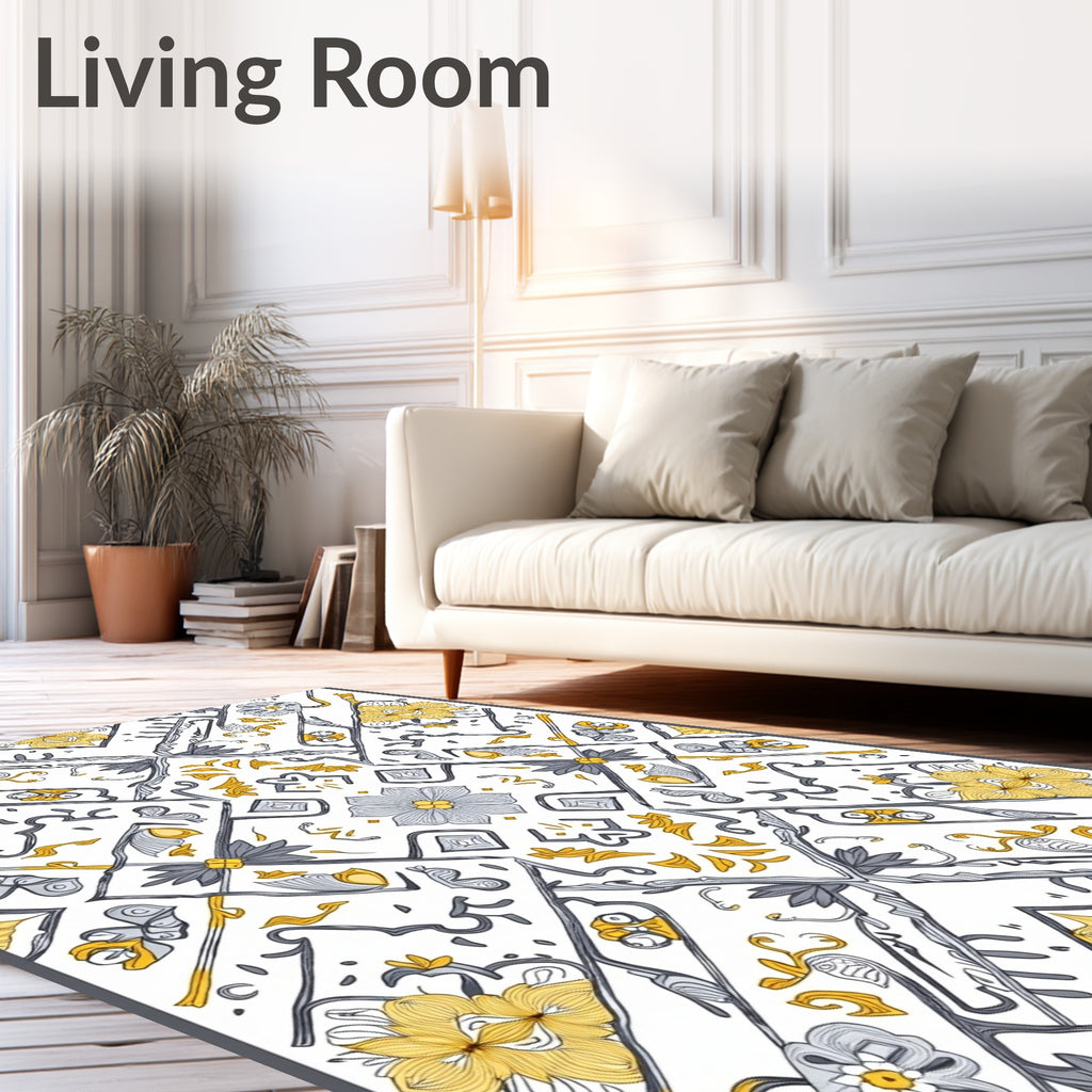 Elegant Yellow and Grey Floral Tile Design Rug