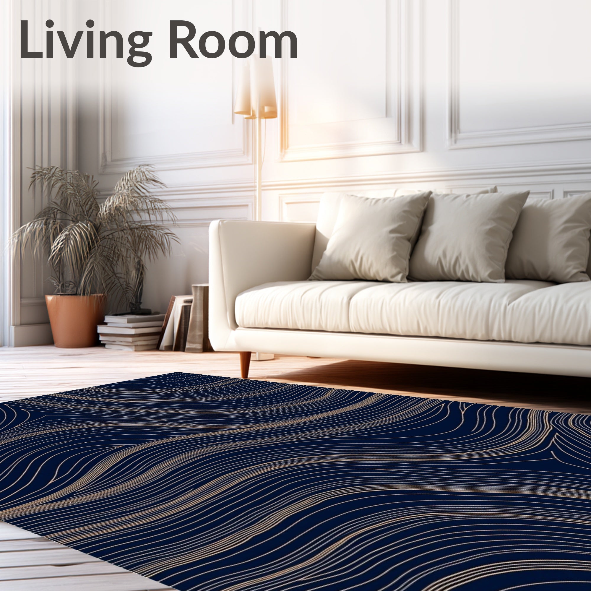 Navy Gold Linear Wave Pattern Rug