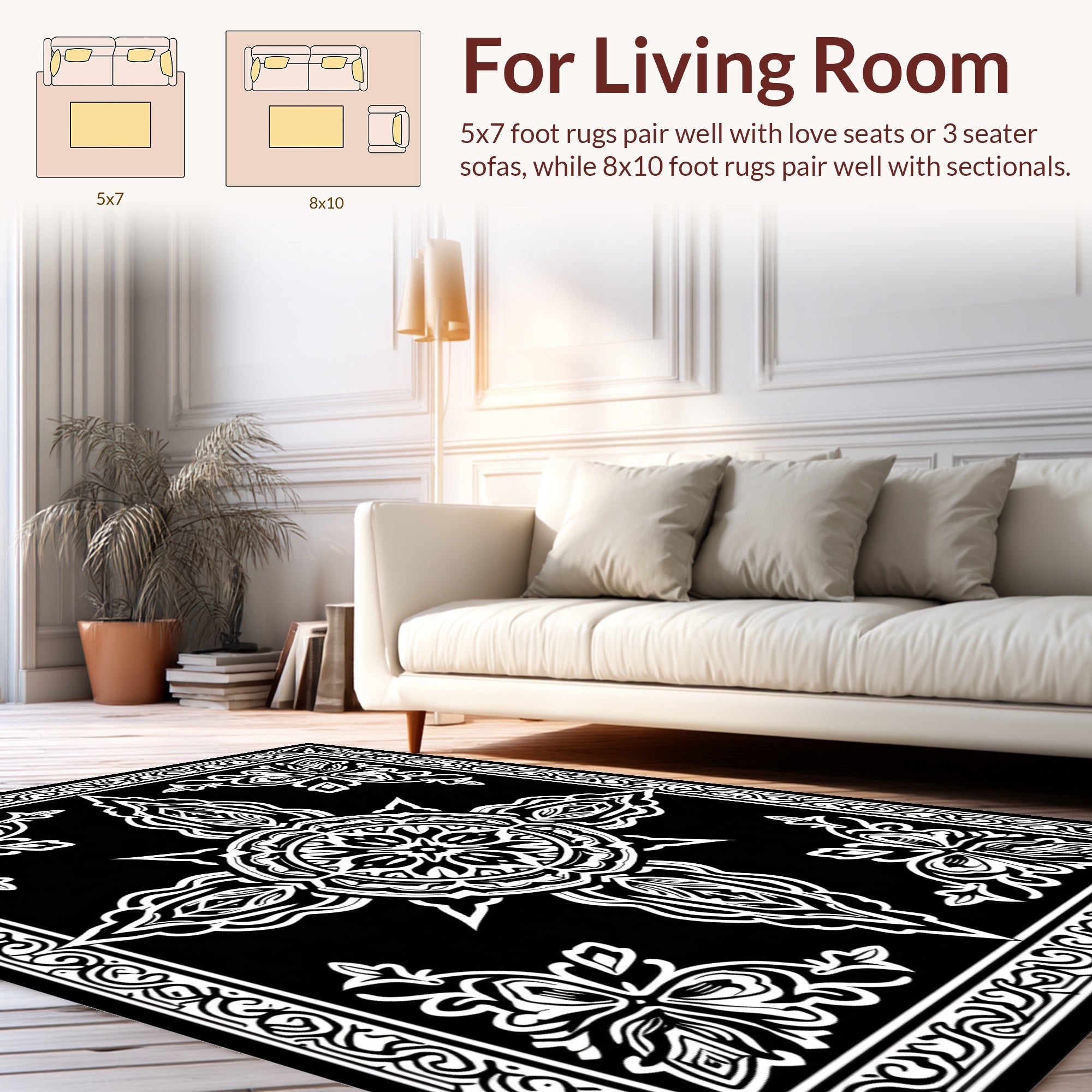 Symmetrical Floral Medallion Monochrome Design Rug