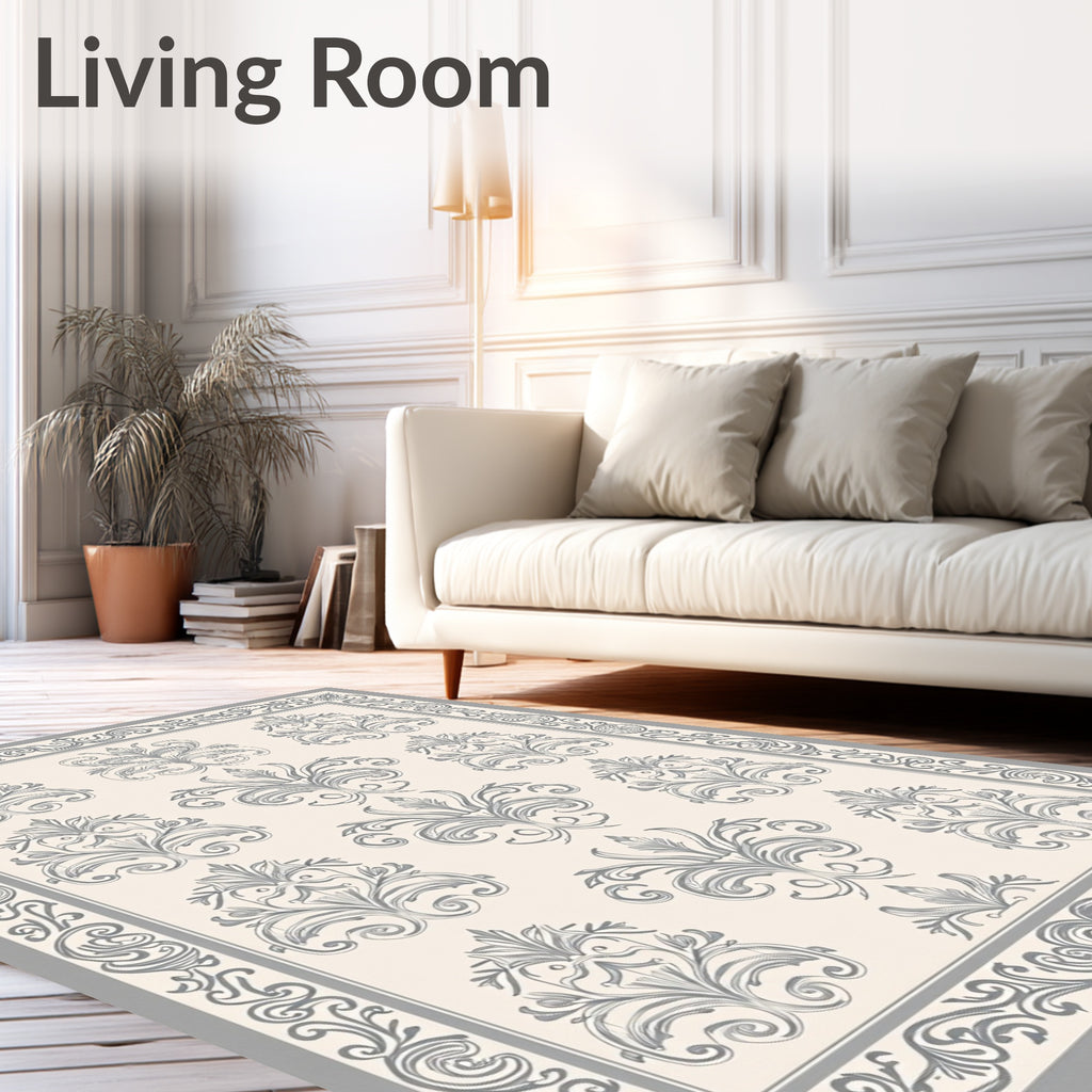 Elegant Grey Damask Floral Scrollwork Rug