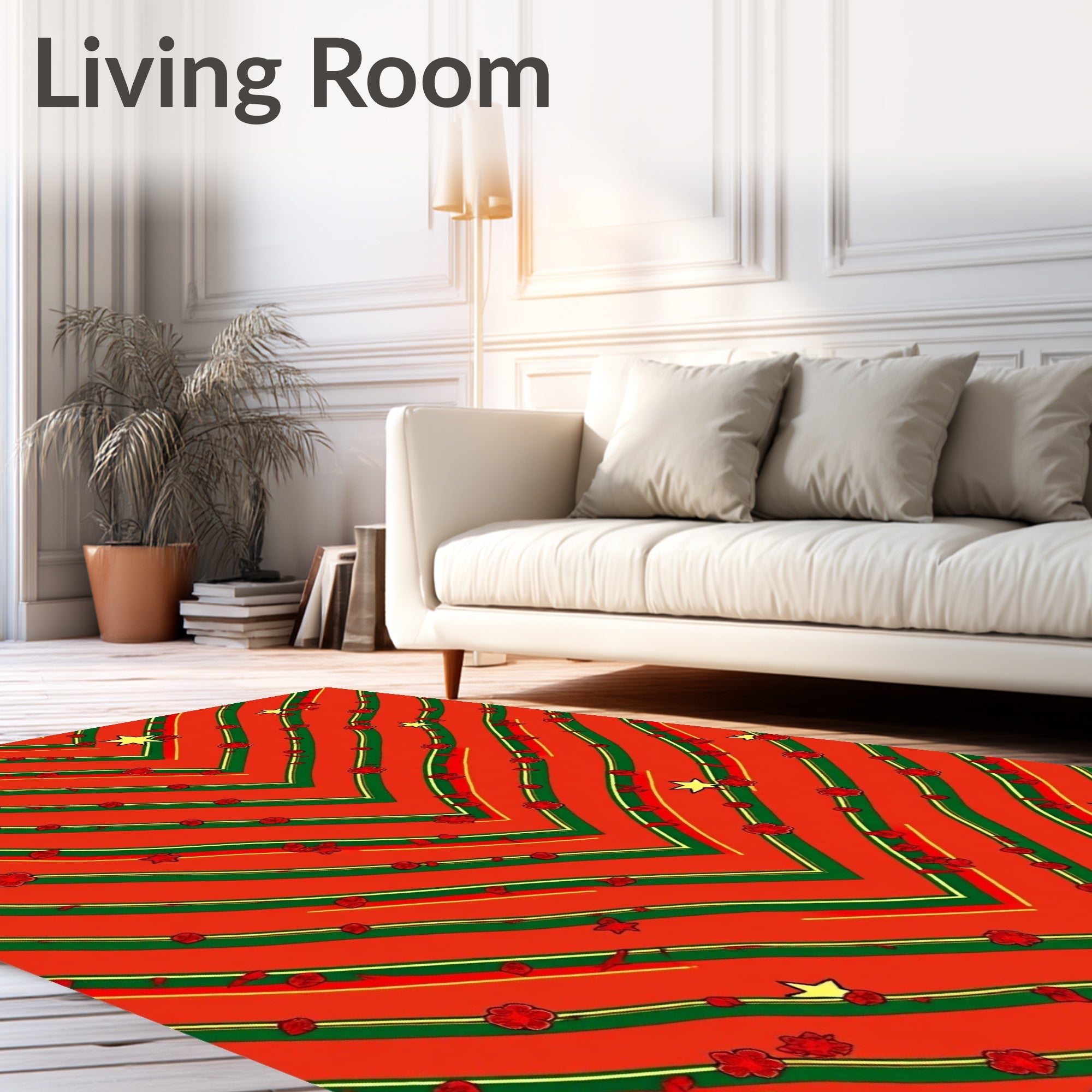 Red, Green, Yellow Chevron Floral Stars Rug