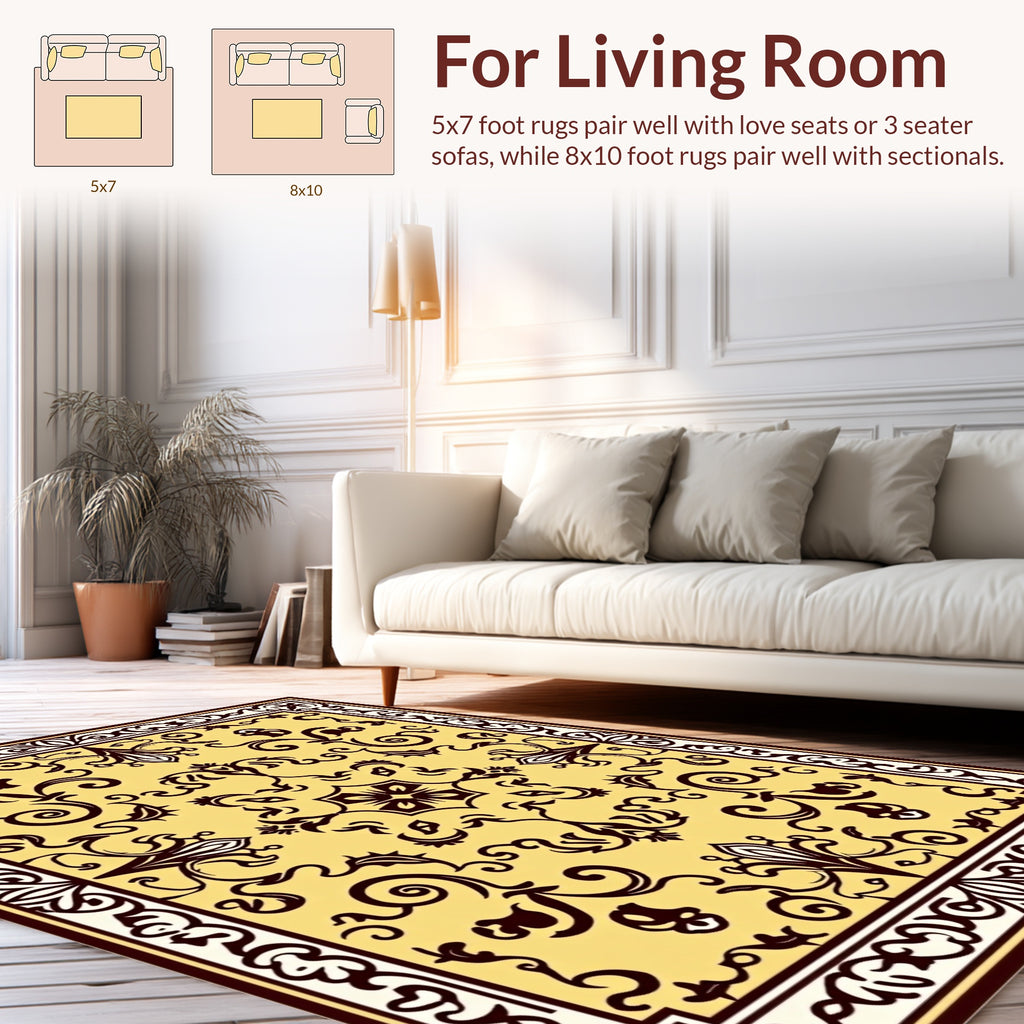 Elegant Yellow Floral Scroll Pattern Rug