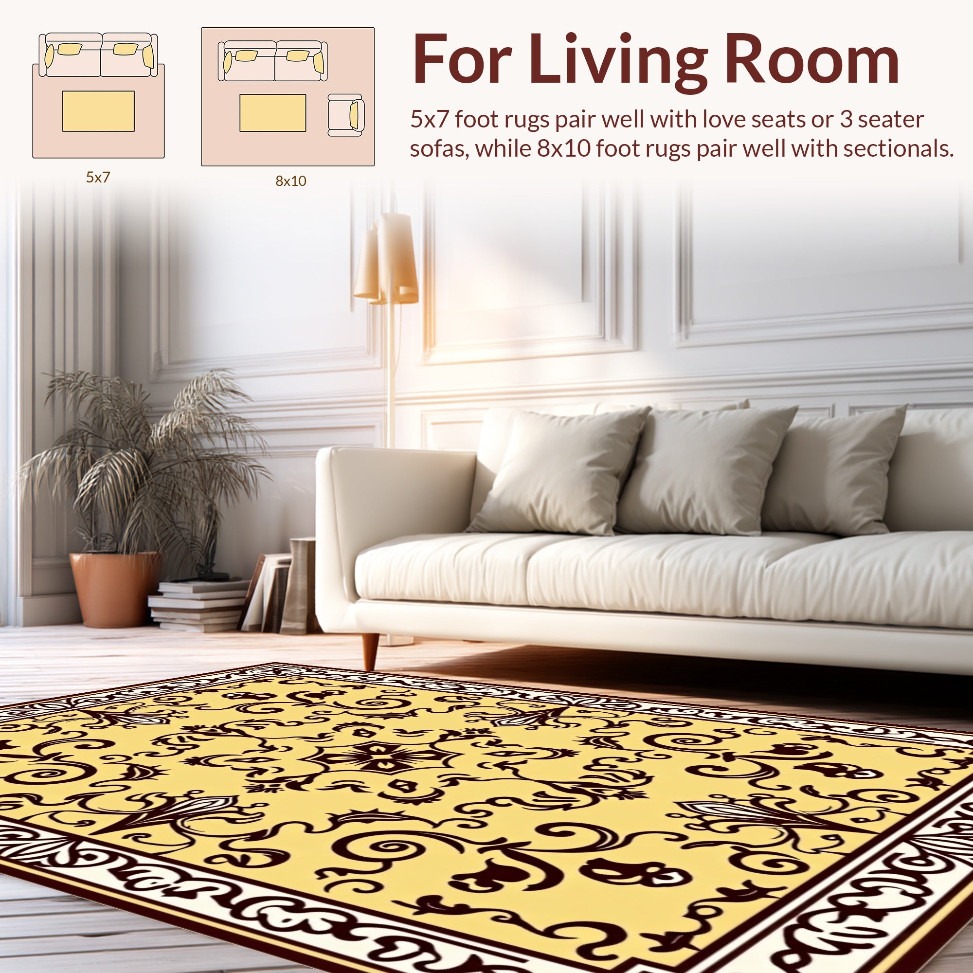 Elegant Yellow Floral Scroll Pattern Rug