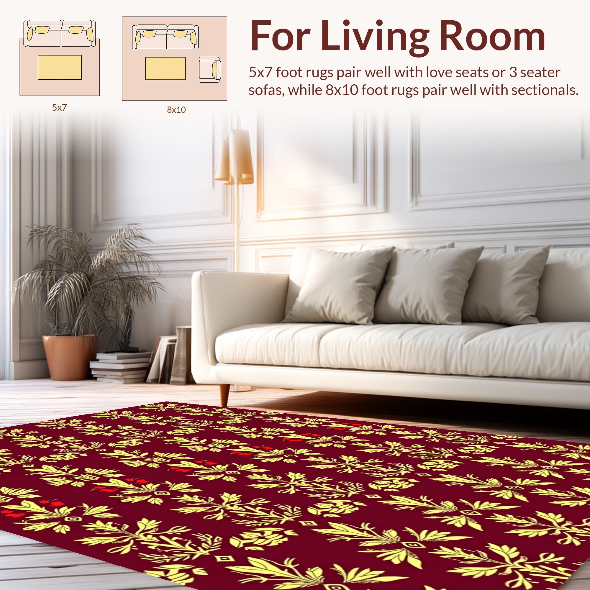 Maroon Gold Floral Botanical Pattern Rug