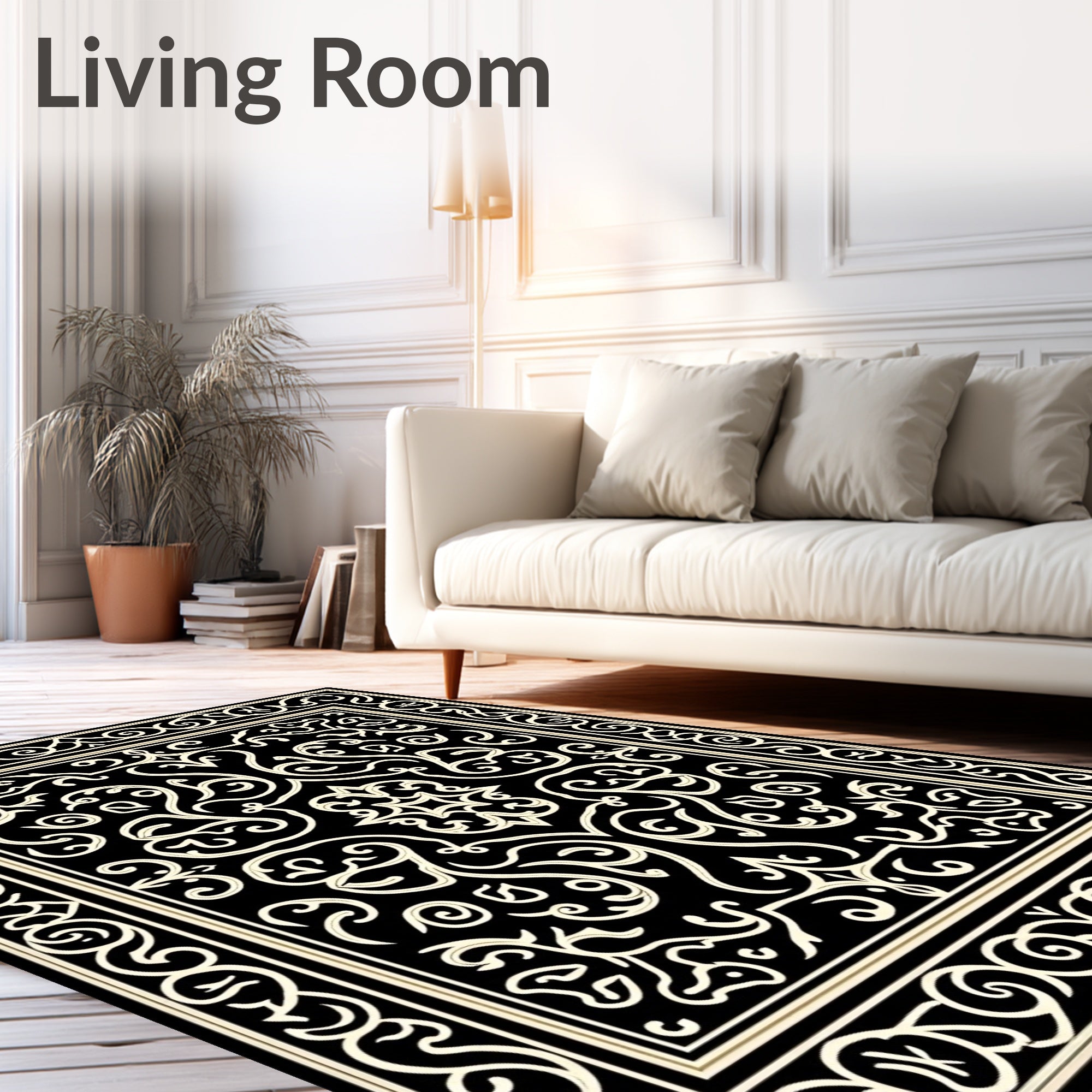 Black Ivory Ornamental Scroll Rug