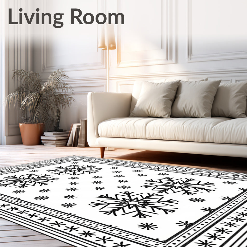 Black White Snowflake Winter Border Rug