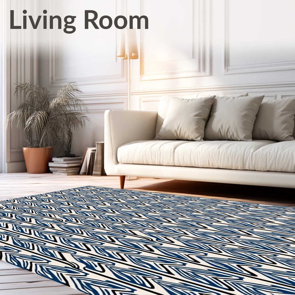 Striped Blue Cream Leaf Pattern Rug