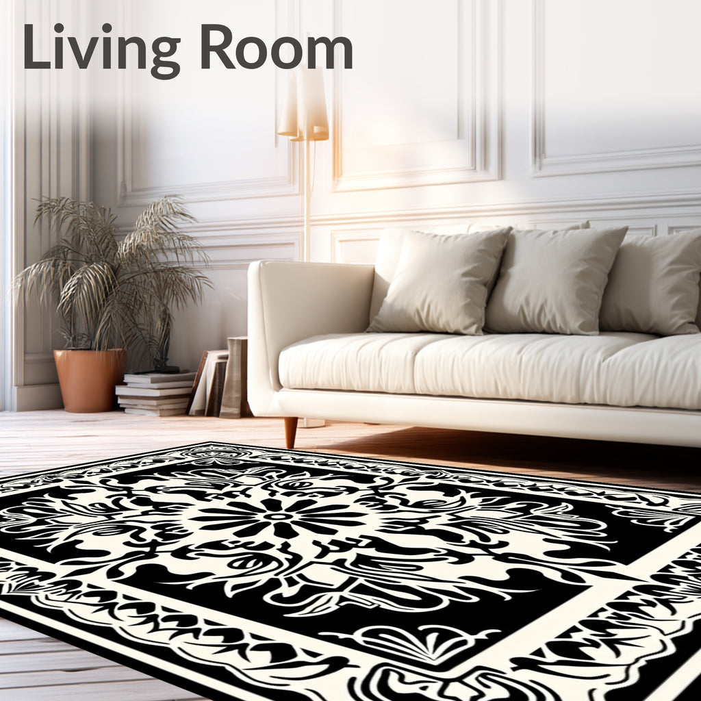 Black and Cream Ornamental Medallion Design Rug