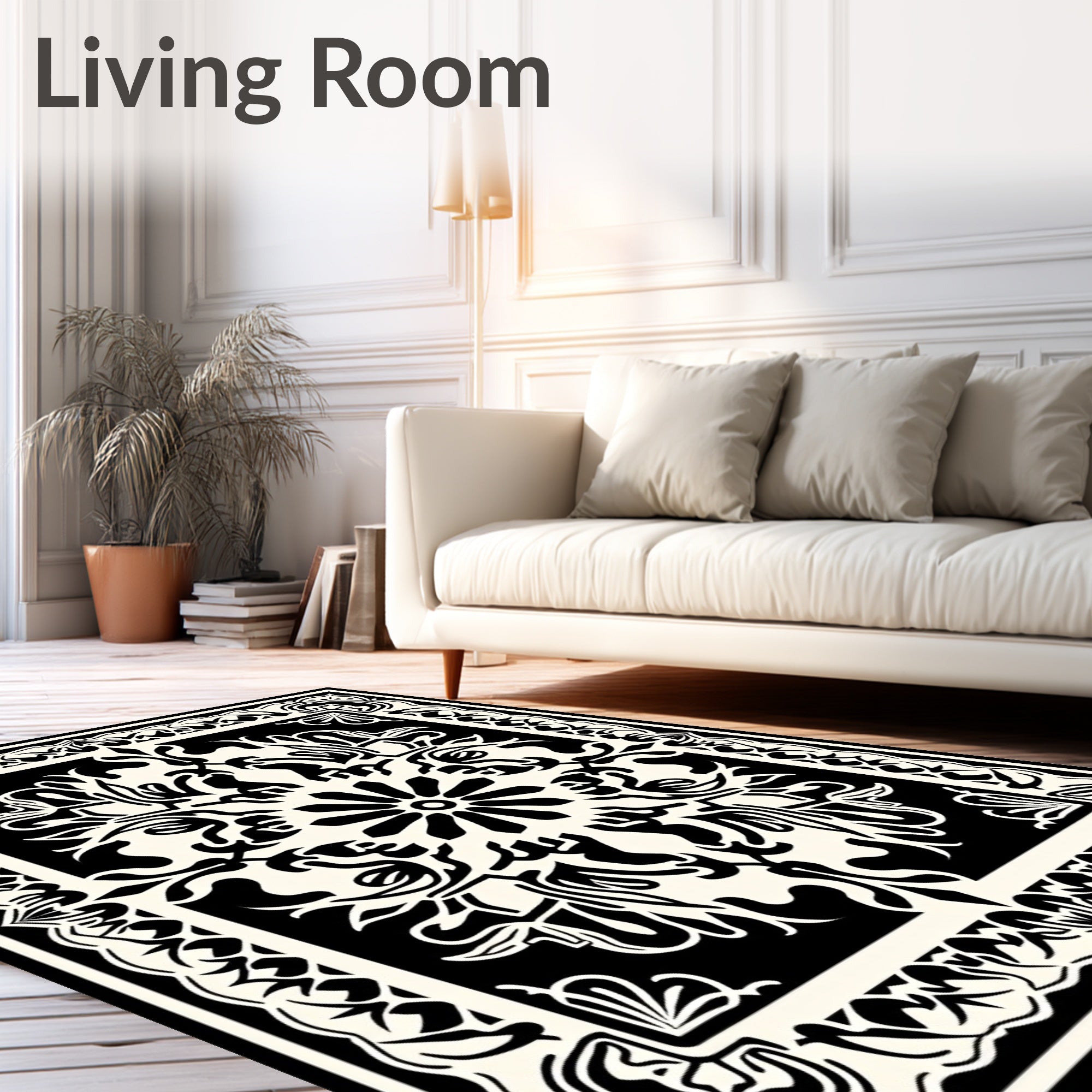 Black and Cream Ornamental Medallion Design Rug