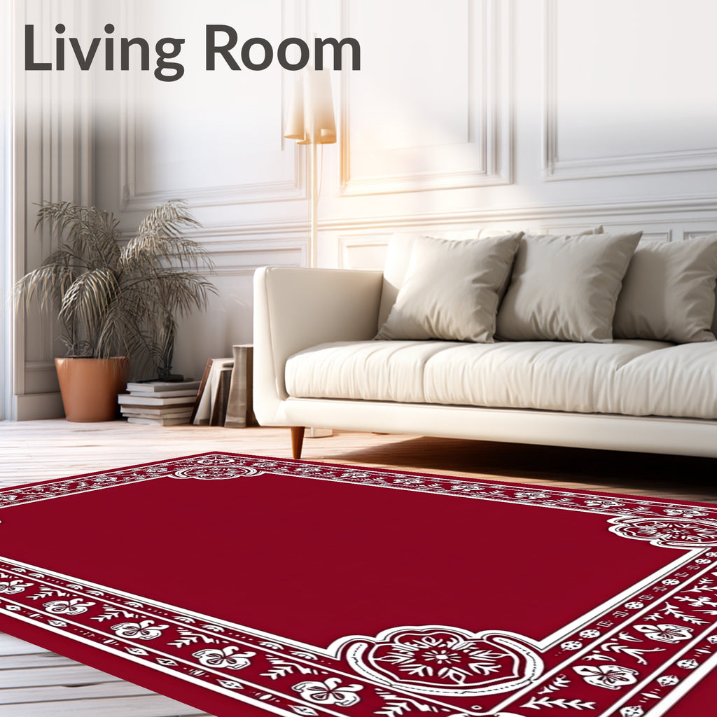 Red Floral With White Border Design Rug