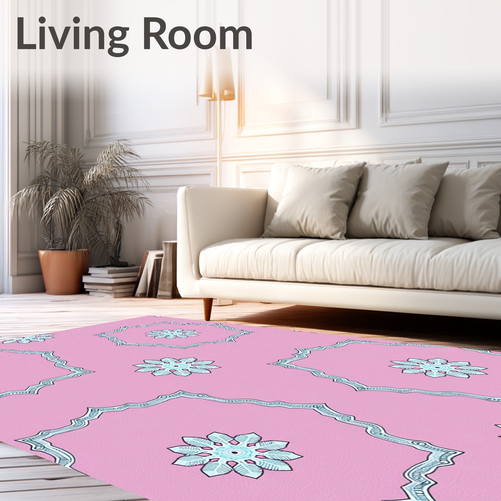 Light Pink Floral Medallion Frame Rug