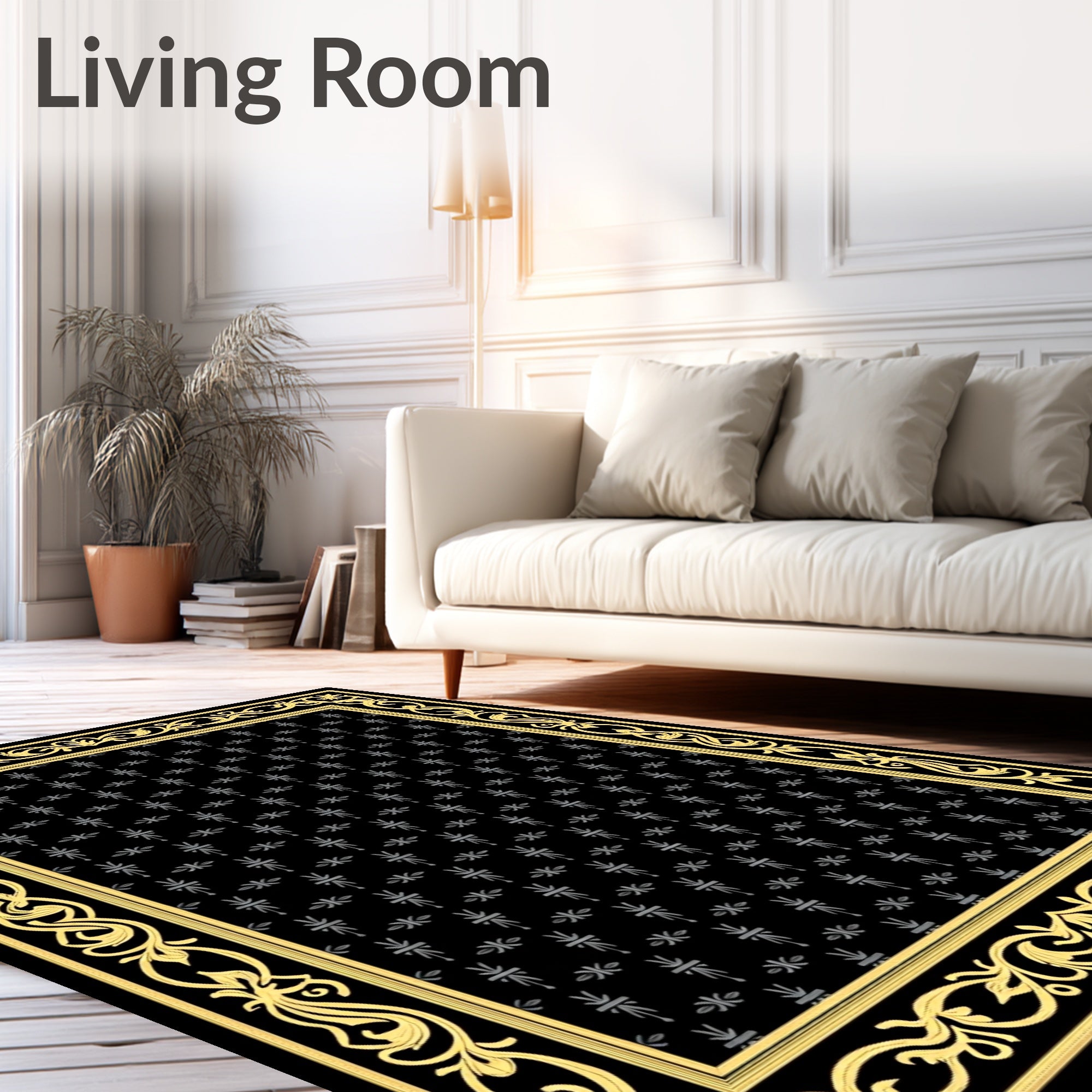 Elegant Black Yellow Floral Medallion Pattern Rug