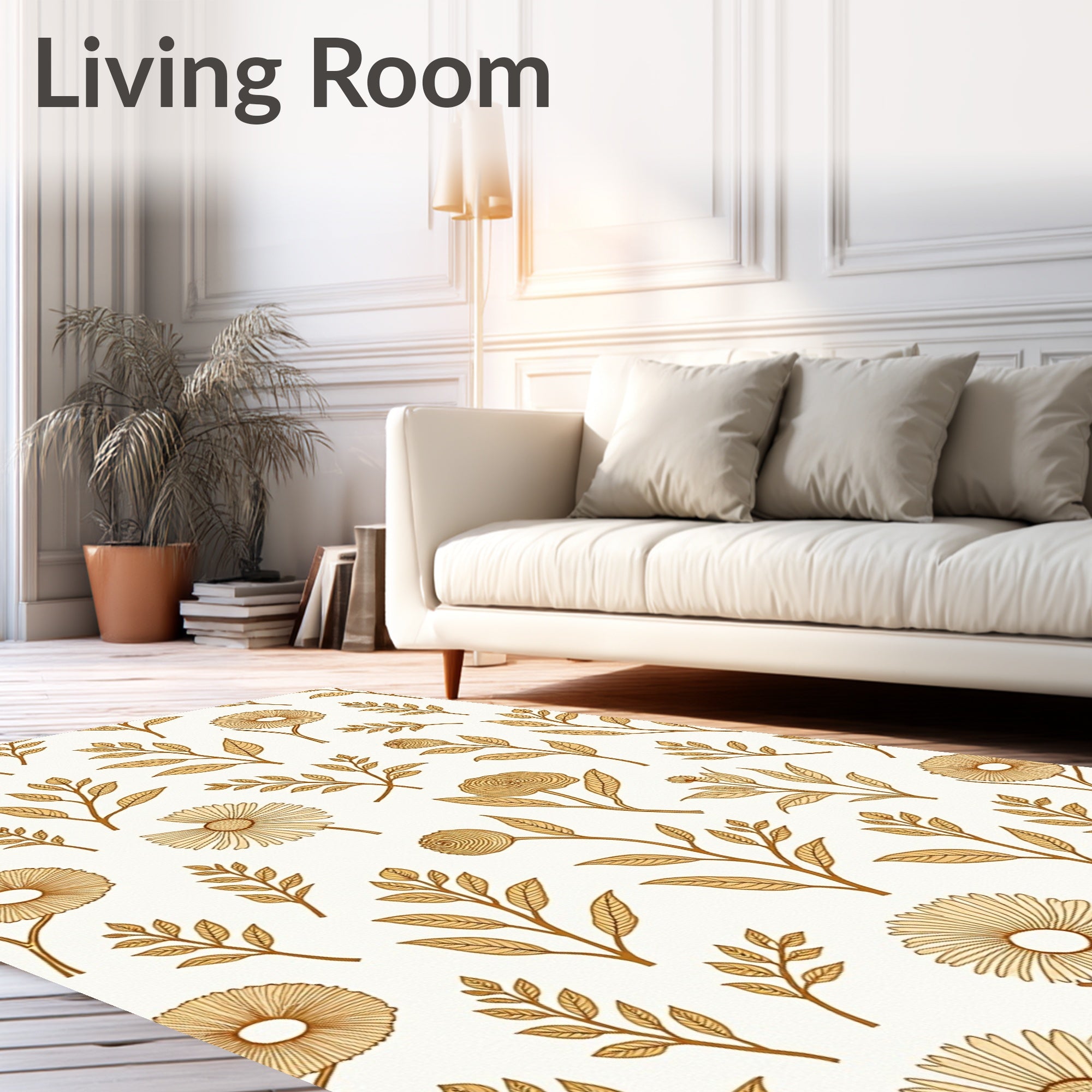 Golden Floral Botanical Pattern Rug
