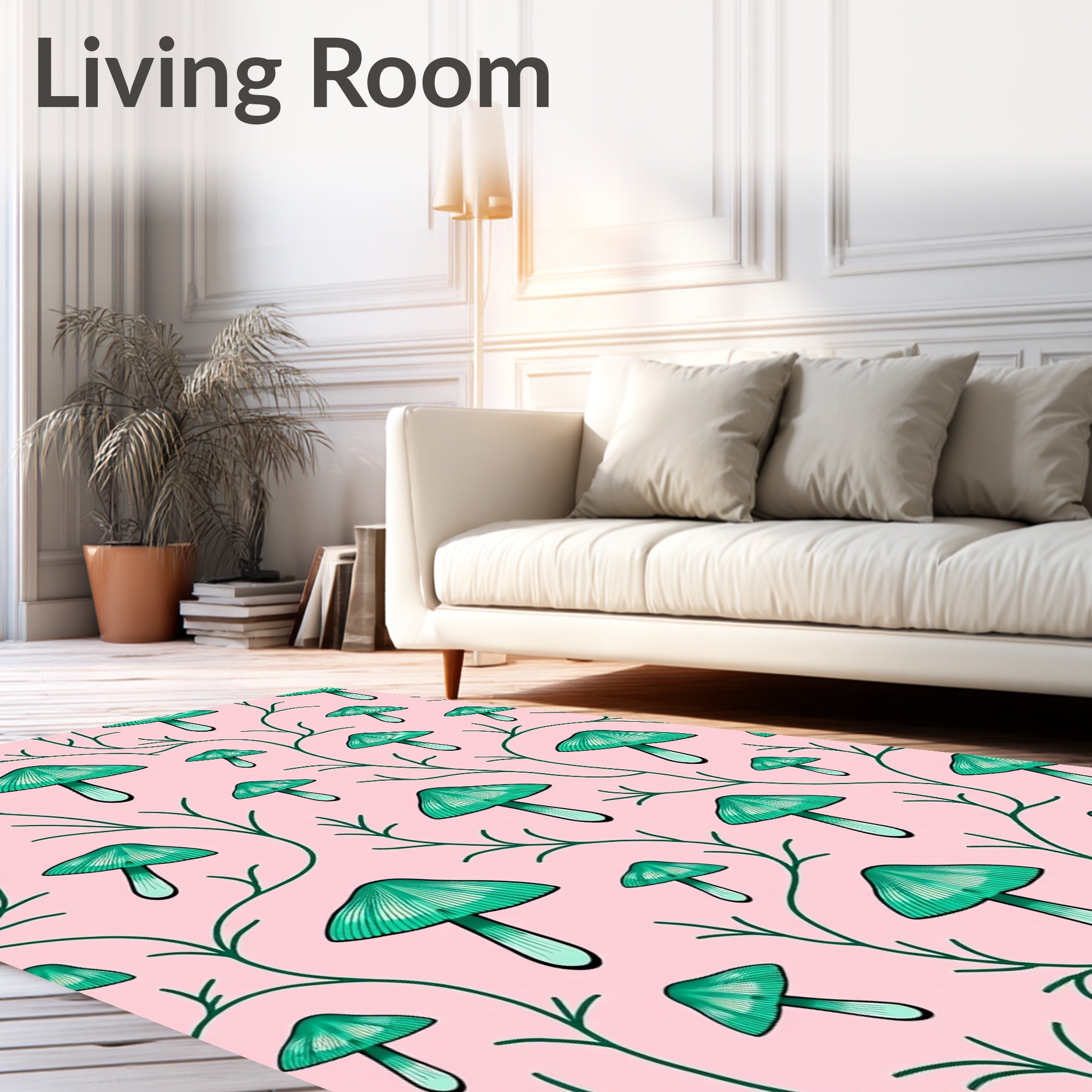 Teal Mushroom Vine Pink Background Rug