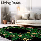 Emerald Green Gold Floral Wreath Rug