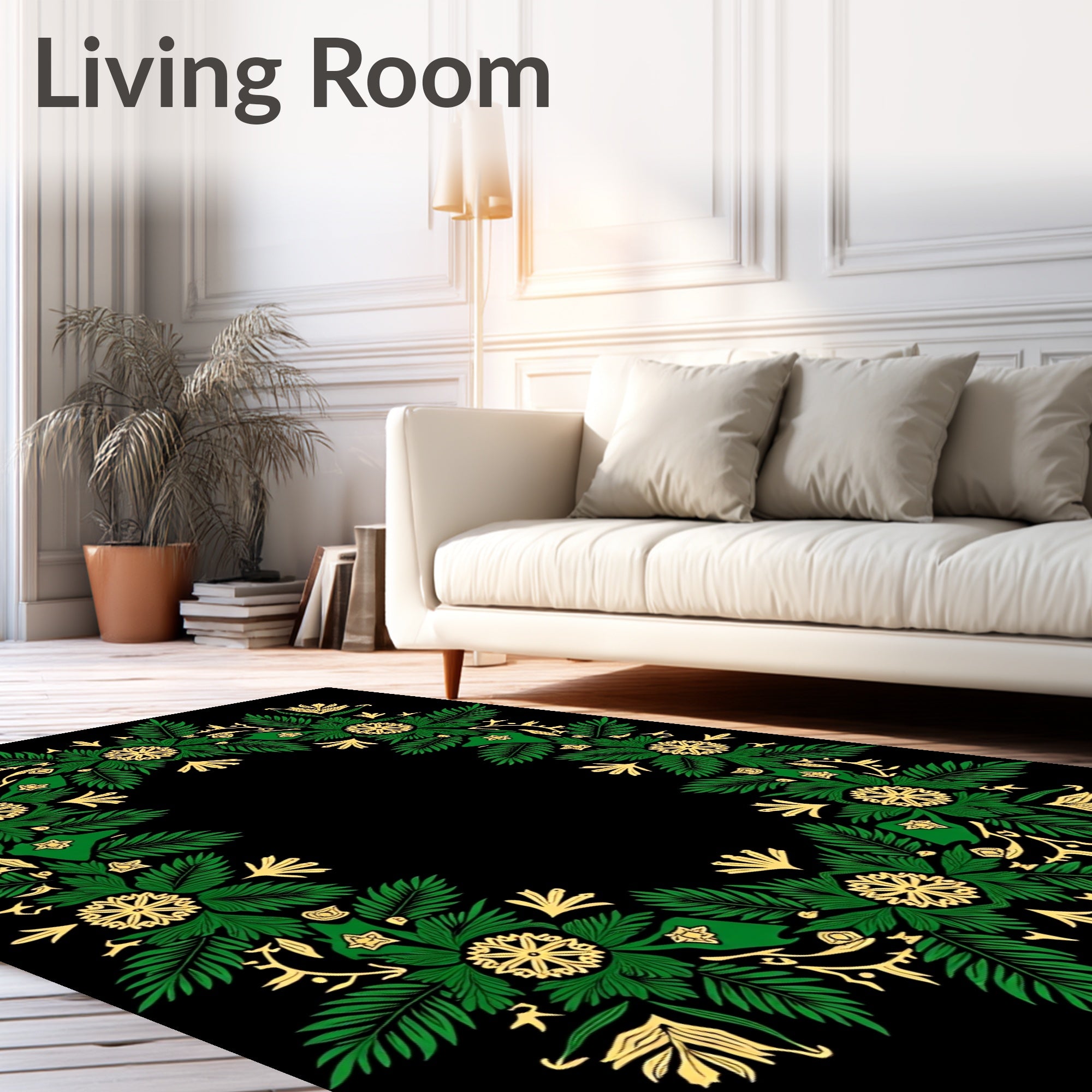 Emerald Green Gold Floral Wreath Rug