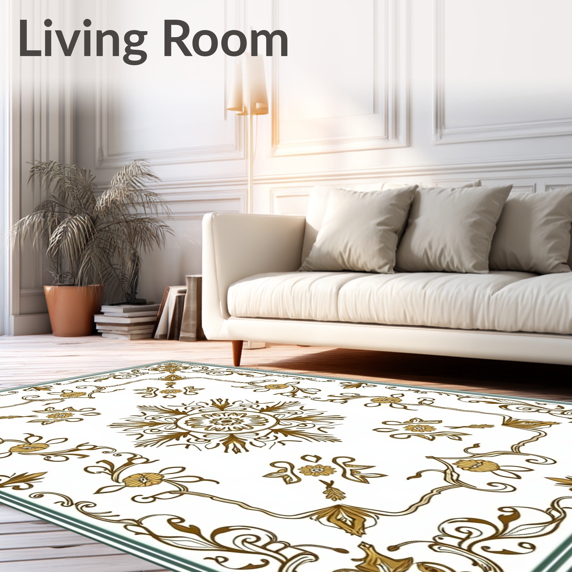 Ornate Golden Floral Scrollwork Design Rug