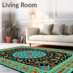 Intricate Floral Medallion Black Blue Rug