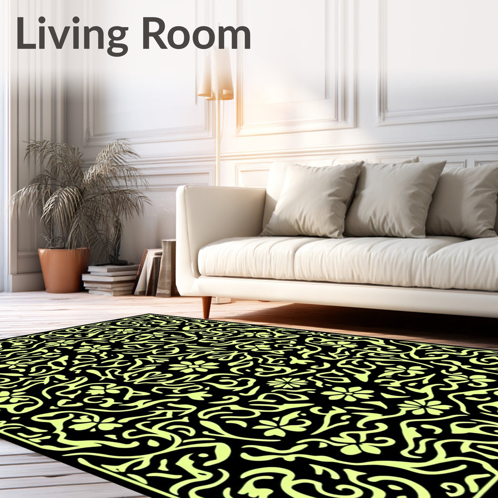 Black Yellow Floral Swirl Pattern Rug