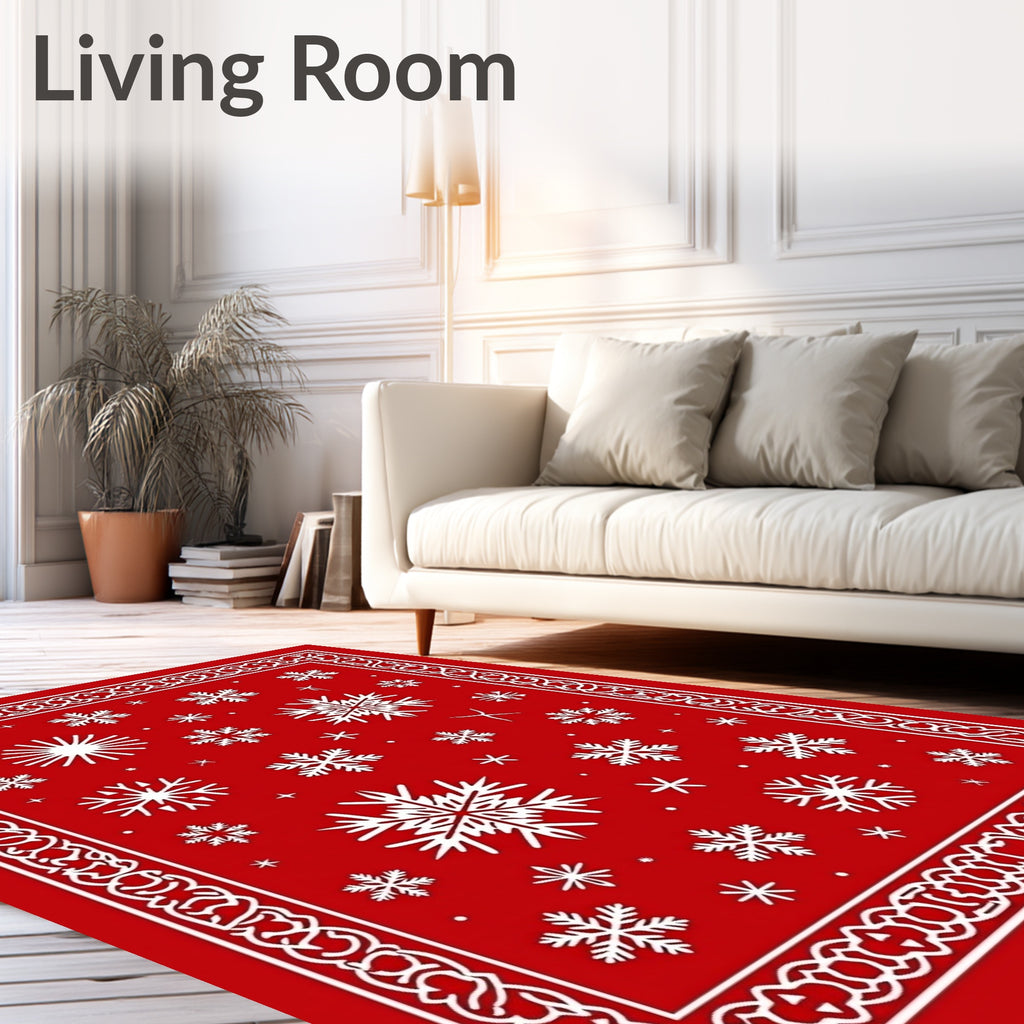 Red Snowflakes Bordered Winter Design Rug
