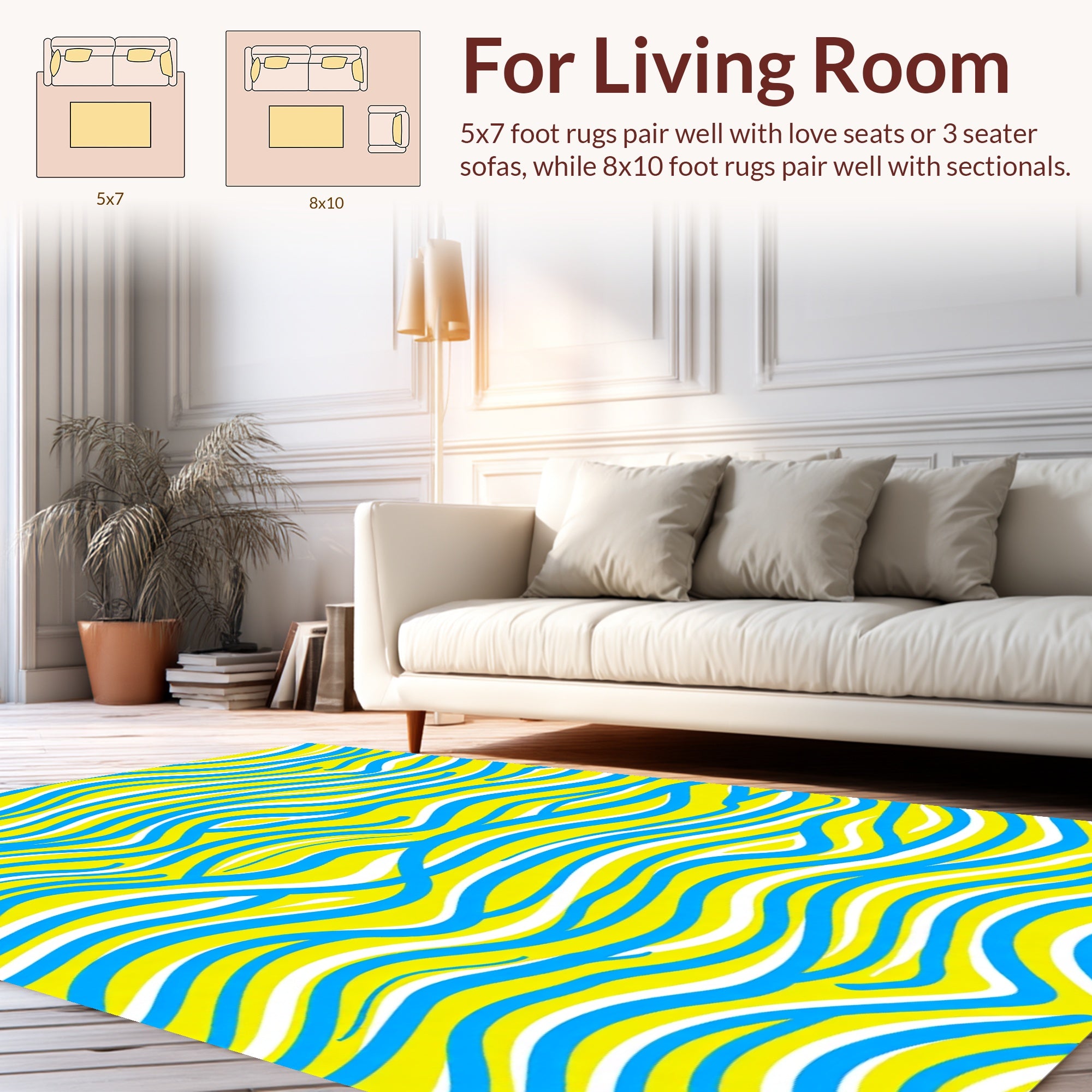 Yellow Blue White Wavy Lines Pattern Rug
