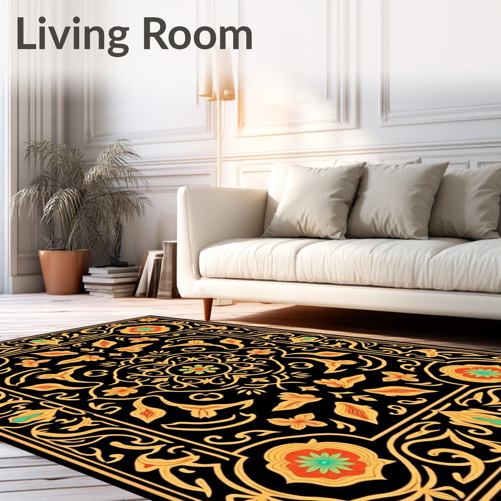 Ornate Floral Black Gold Rug