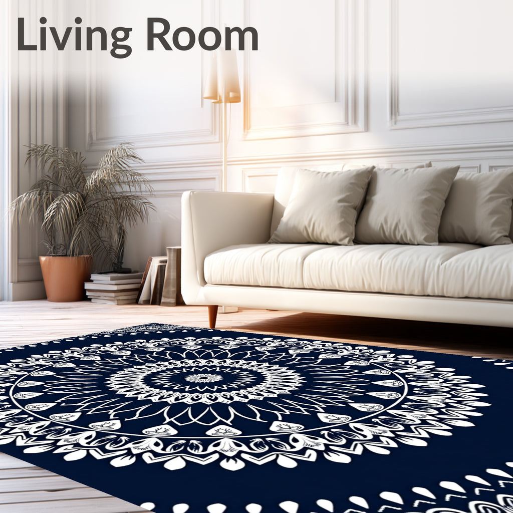 Indigo White Intricate Mandala Pattern Rug