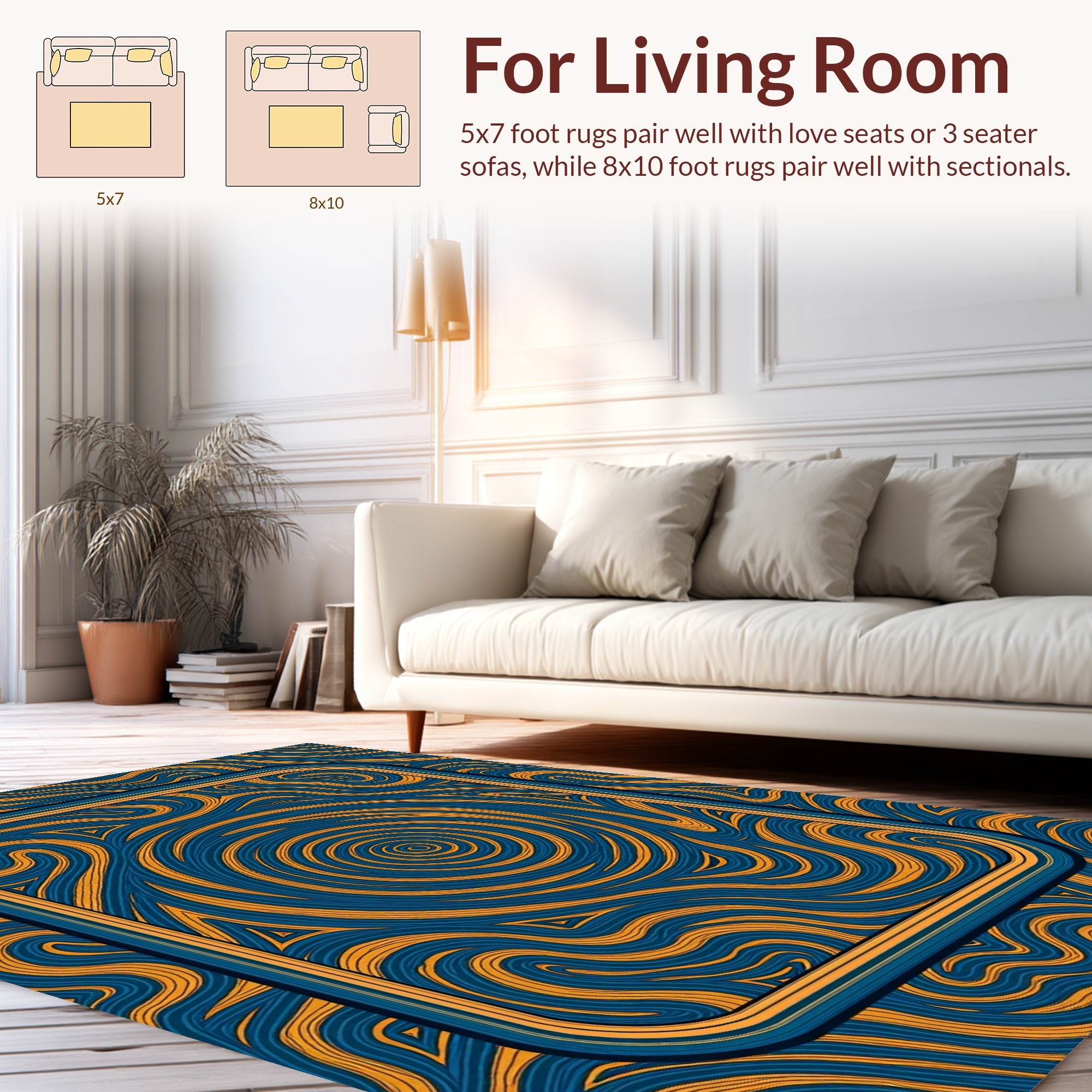 Abstract Swirls Blue Gold Pattern Rug