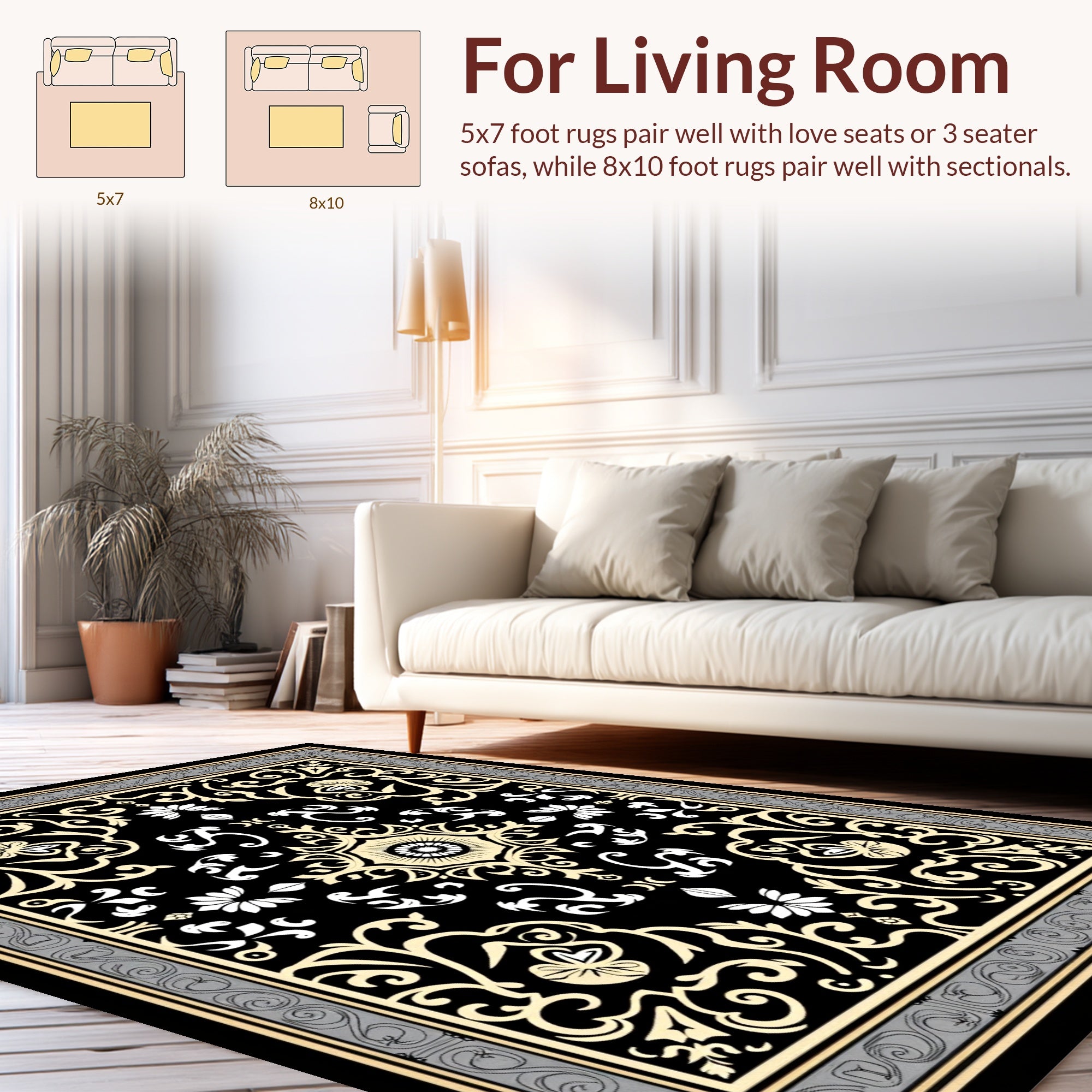 Intricate Black Cream Floral Medallion Rug