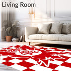 Bold Red Checkerboard Emblem Design Rug