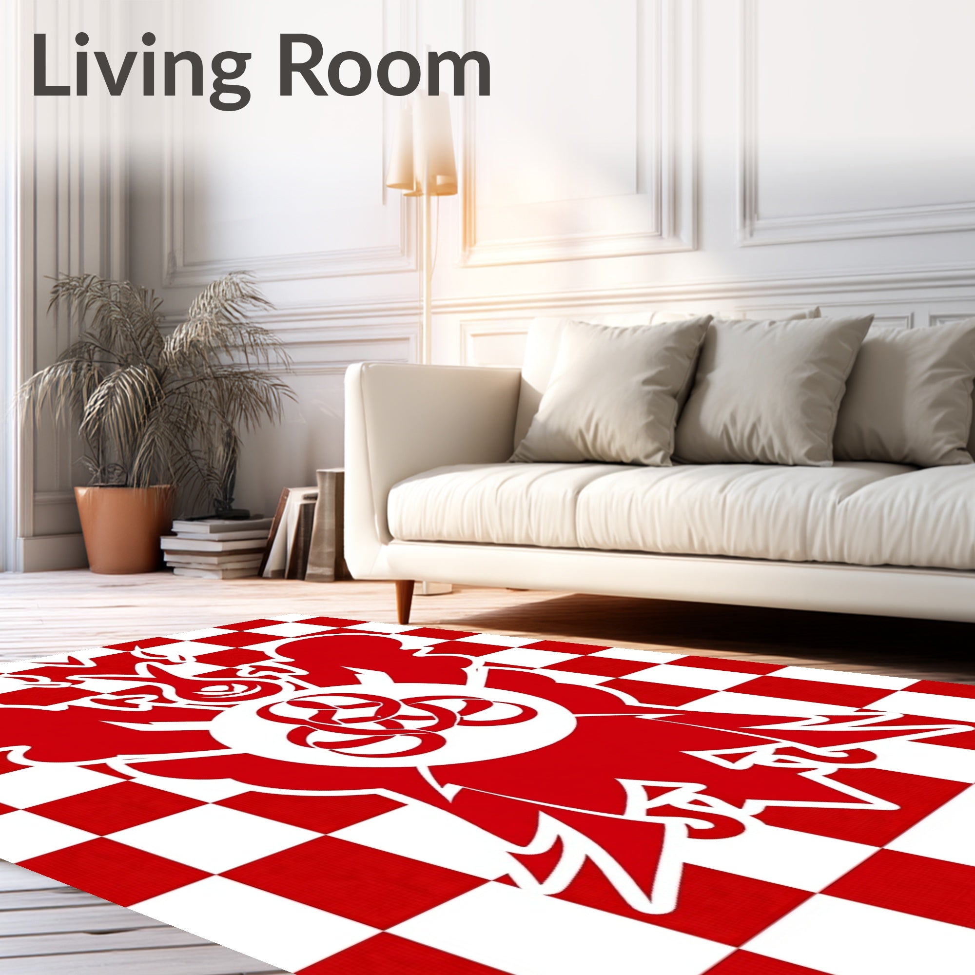 Bold Red Checkerboard Emblem Design Rug