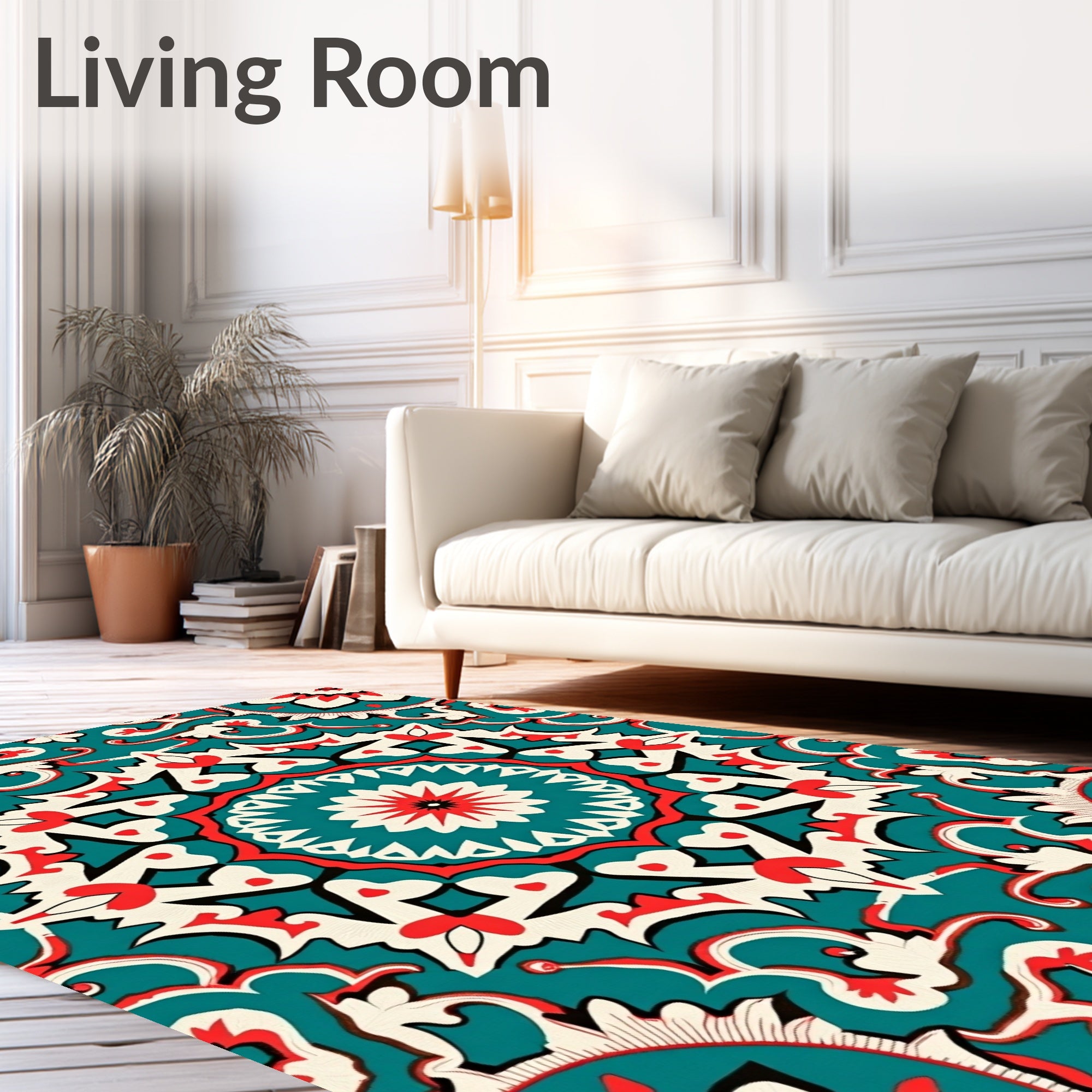 Teal Red White Intricate Mandala Rug