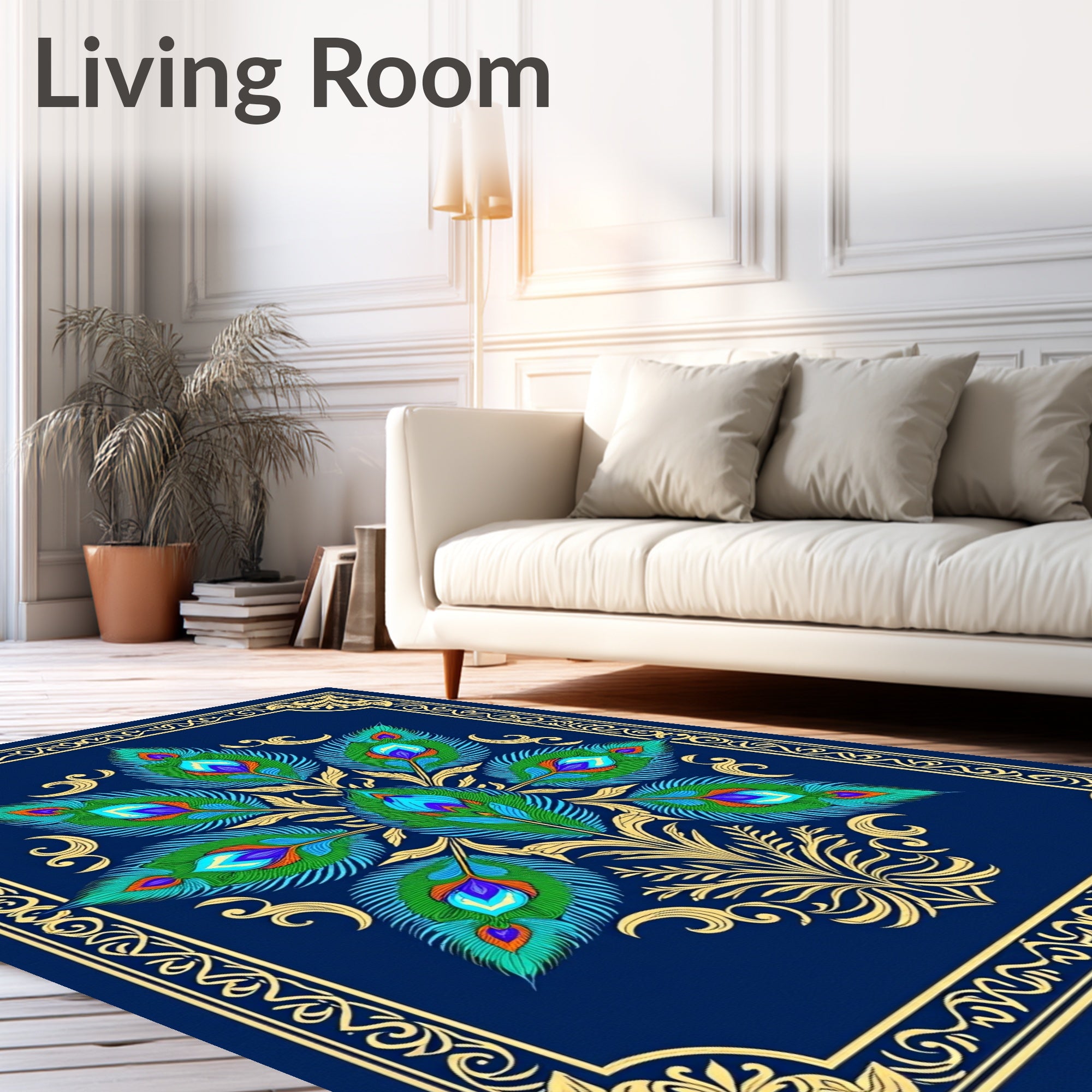 Ornate Peacock Feather Mandala Design Rug