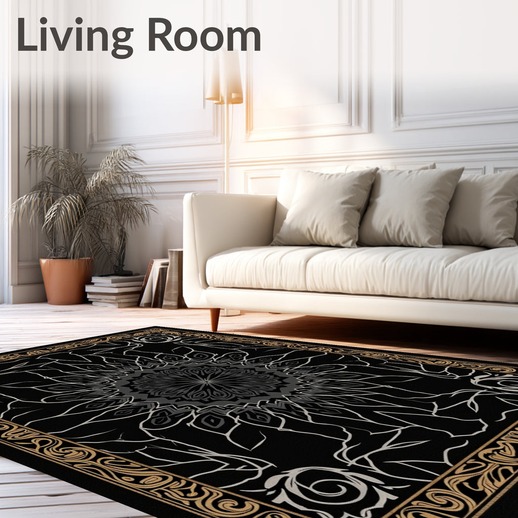 Elegant Floral Mandala Black Rug