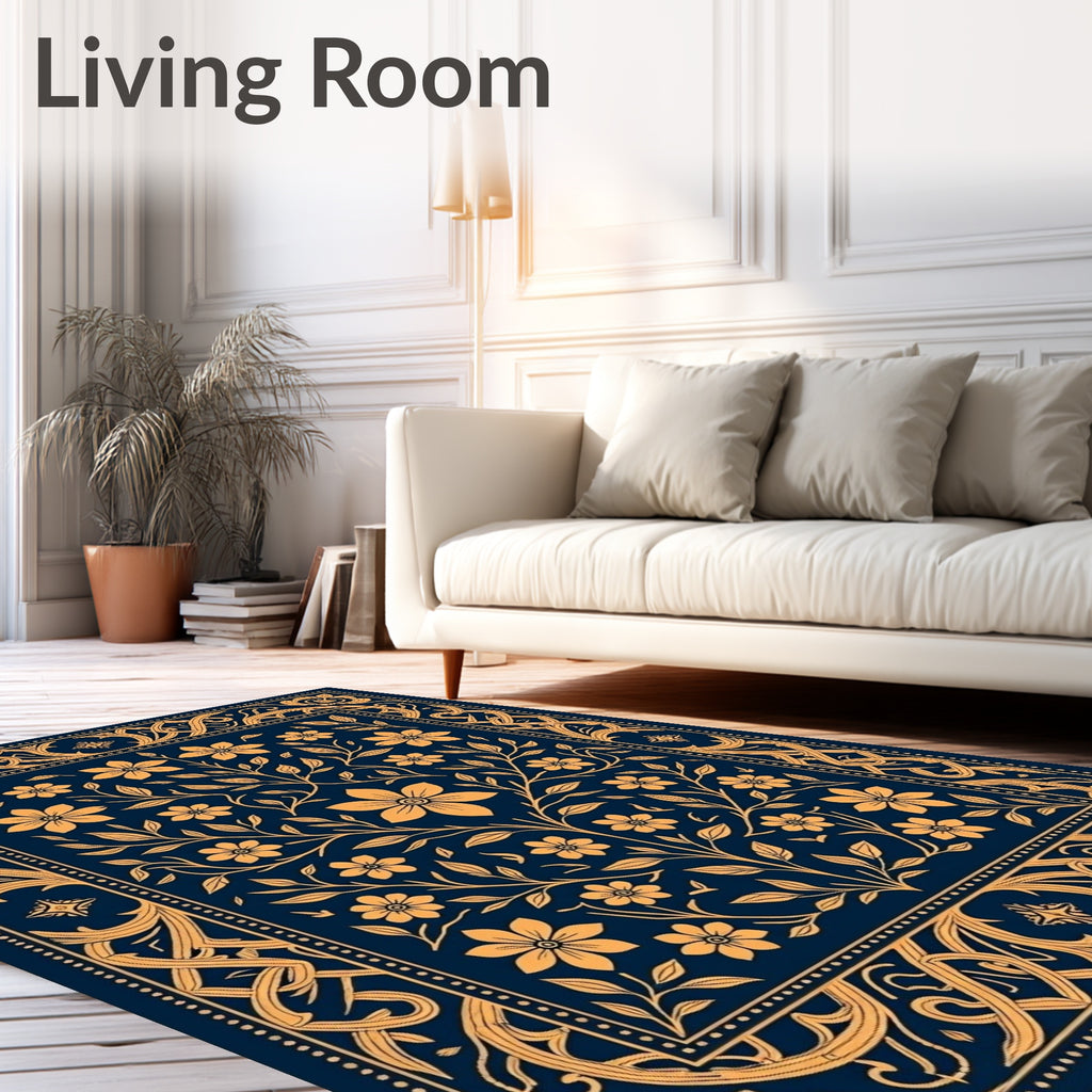 Ornate Floral Vines Dark Blue Rug