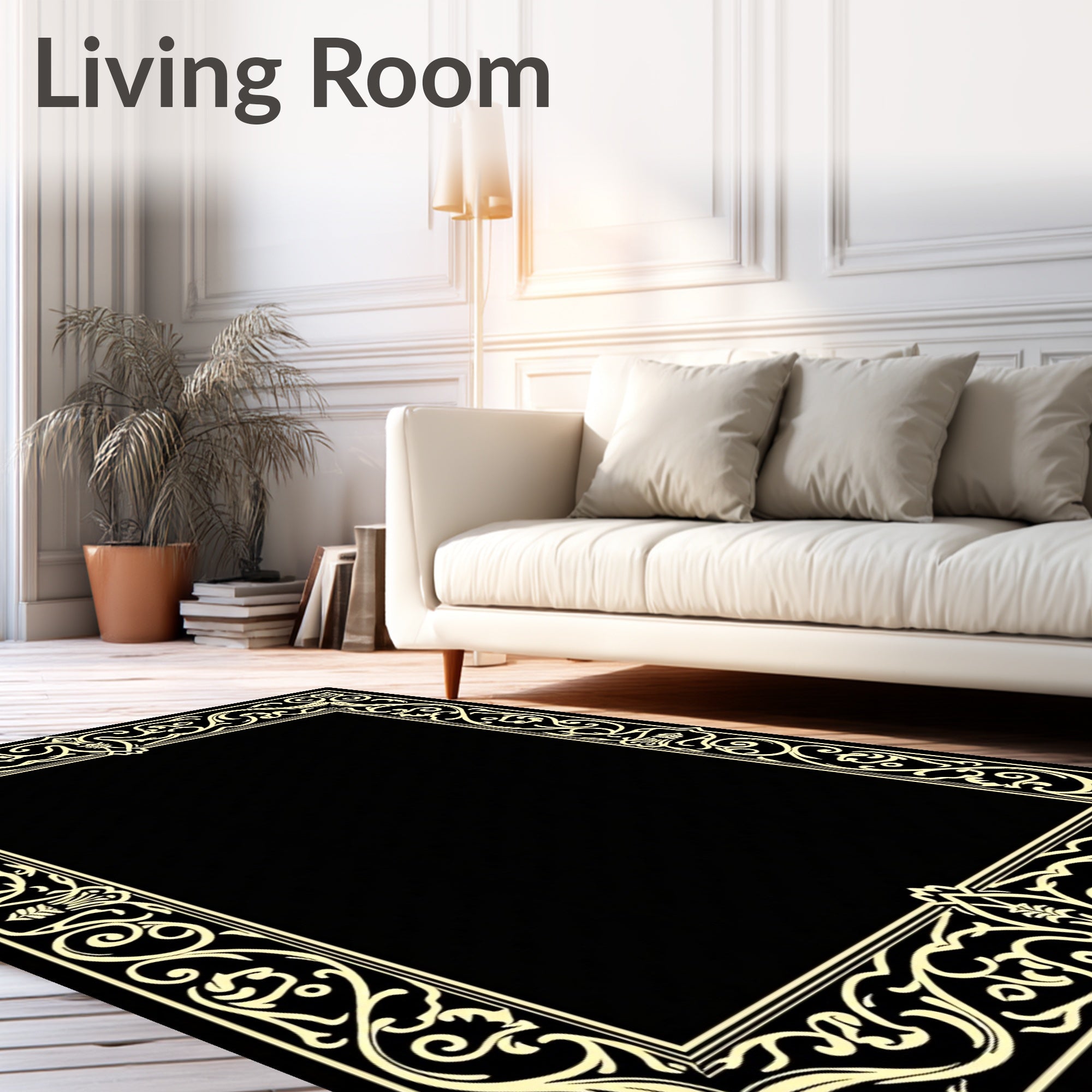 Ornate Scrollwork Black Cream Border Rug