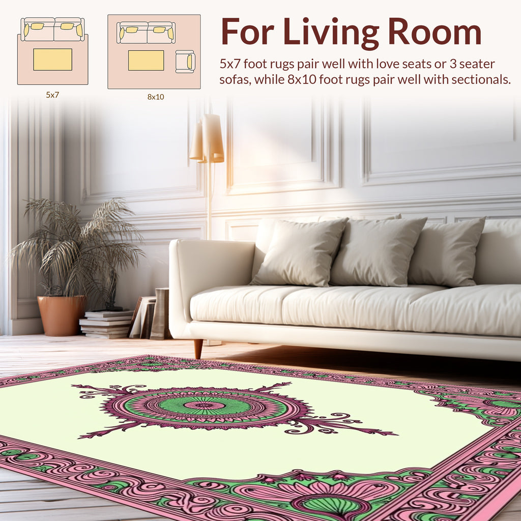 Pink Green Floral Mandala Design Rug