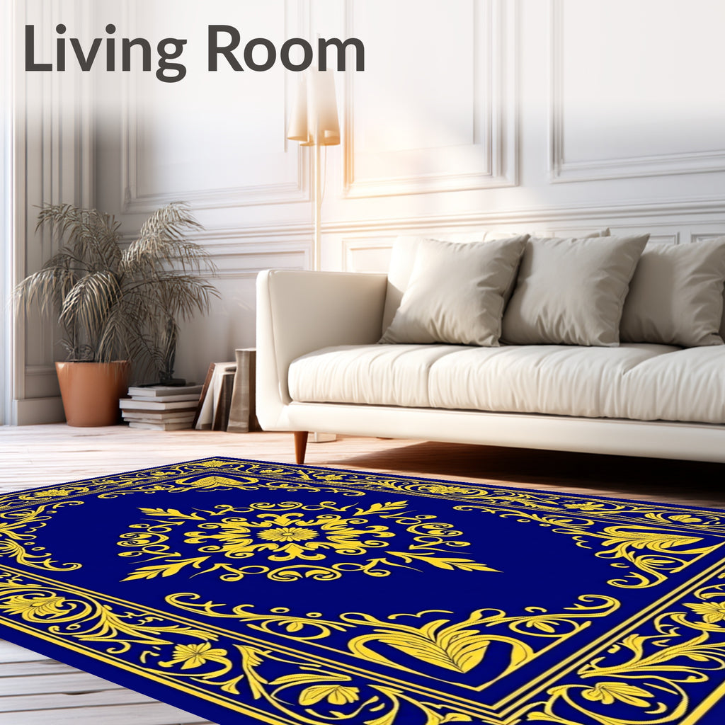 Vibrant Blue Gold Floral Medallion Rug