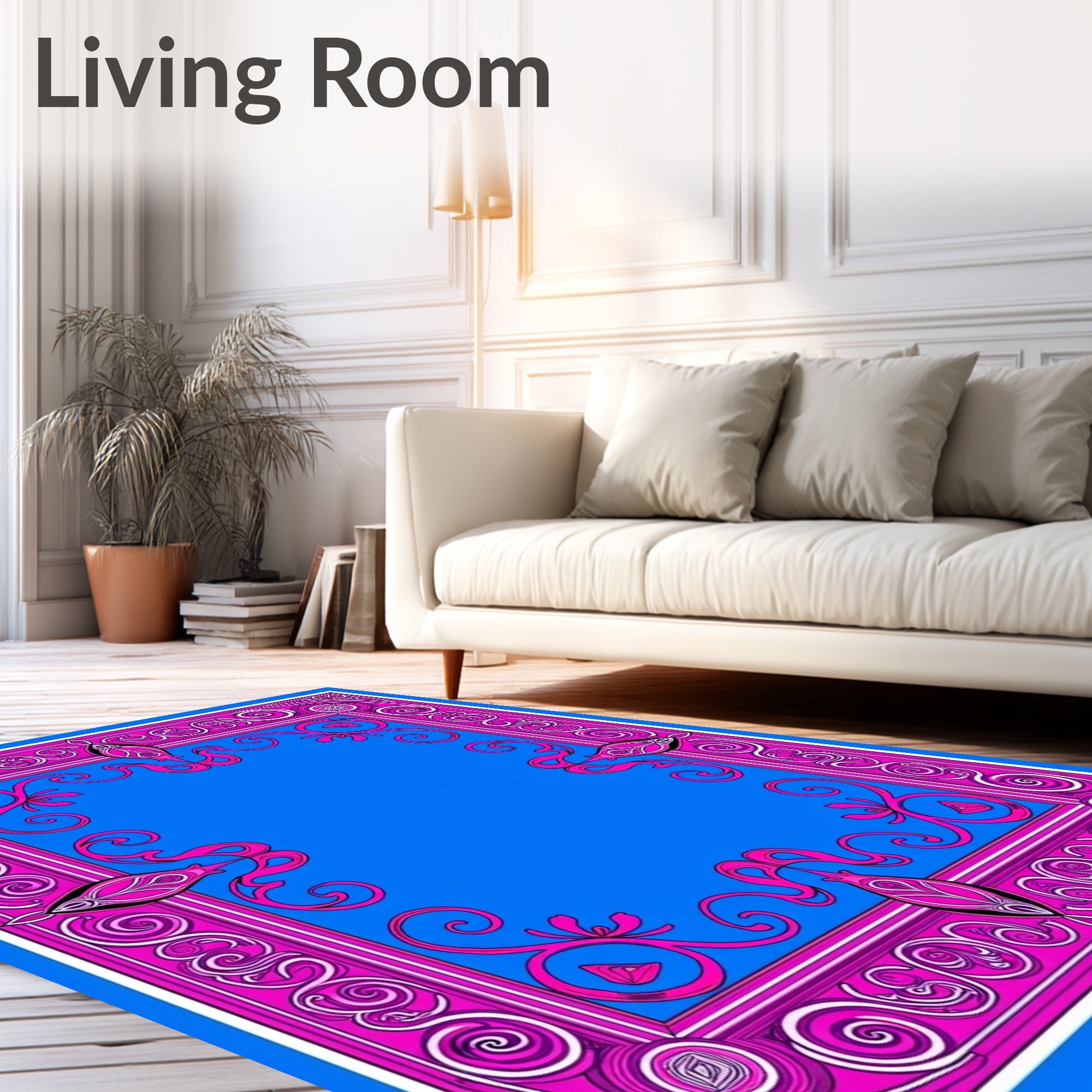 Vibrant Pink Swirl Bordered Blue Rug