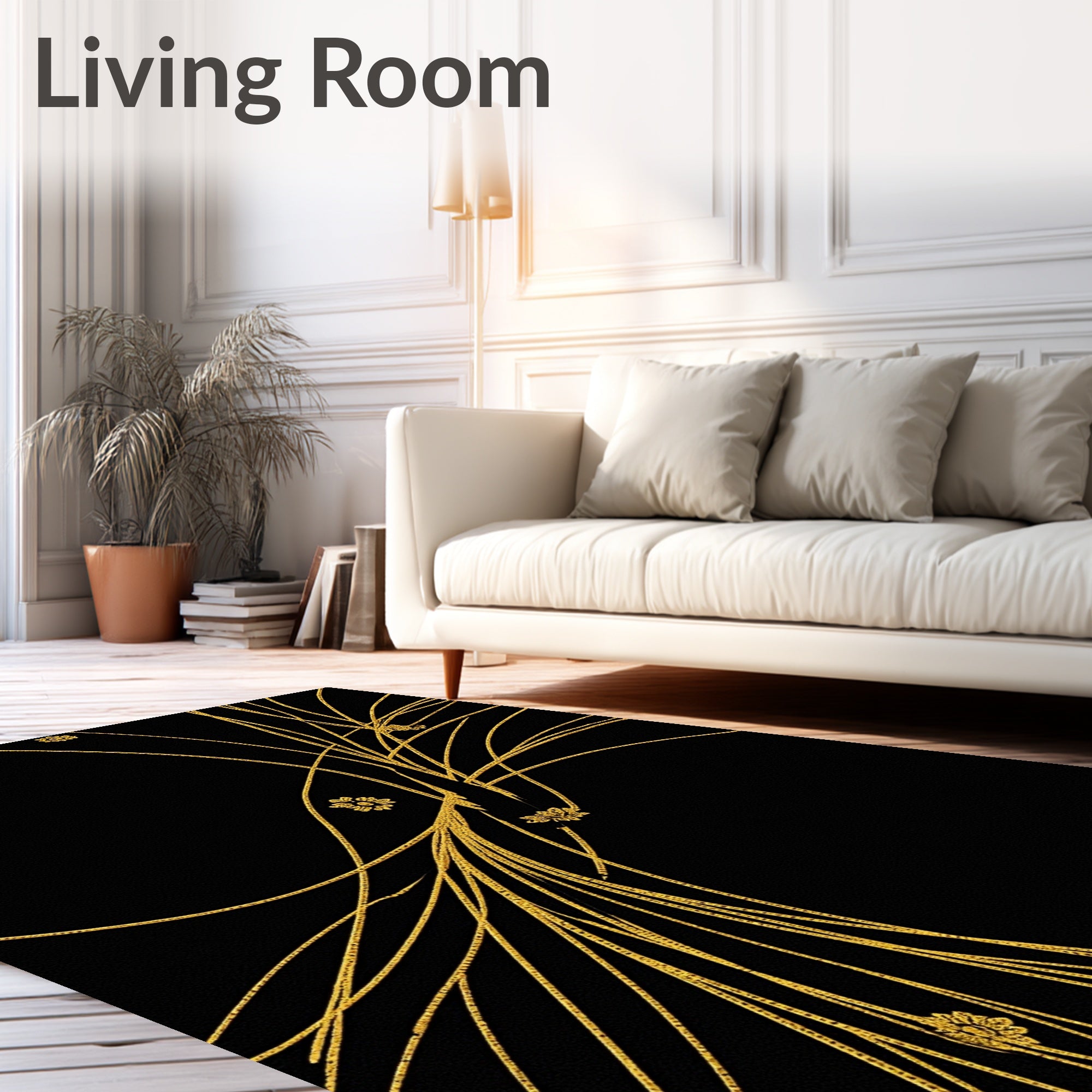 Golden Stylized Floral Branches Rug